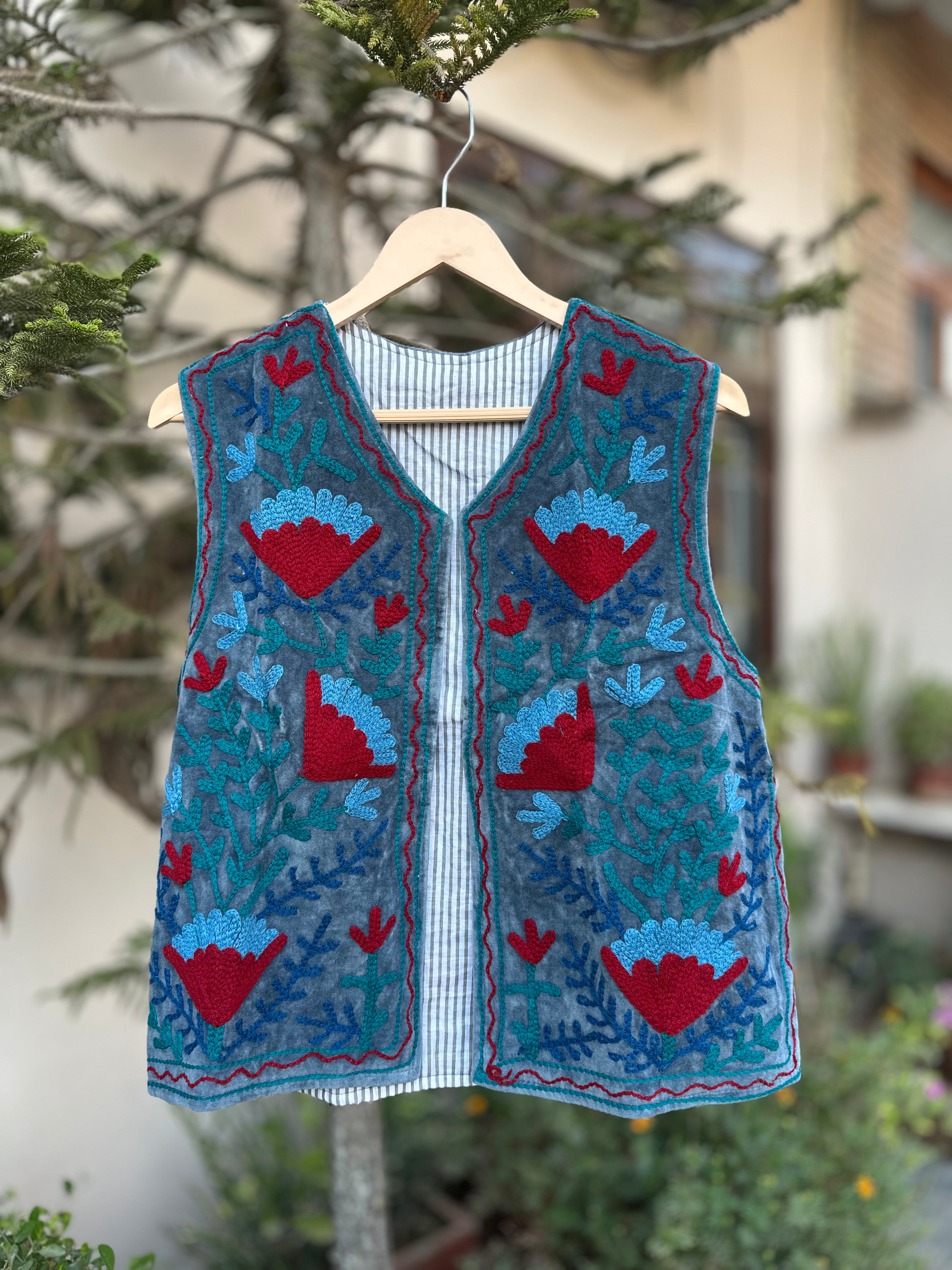 Dusty Blue Velvet Suzani Embroidered Vest