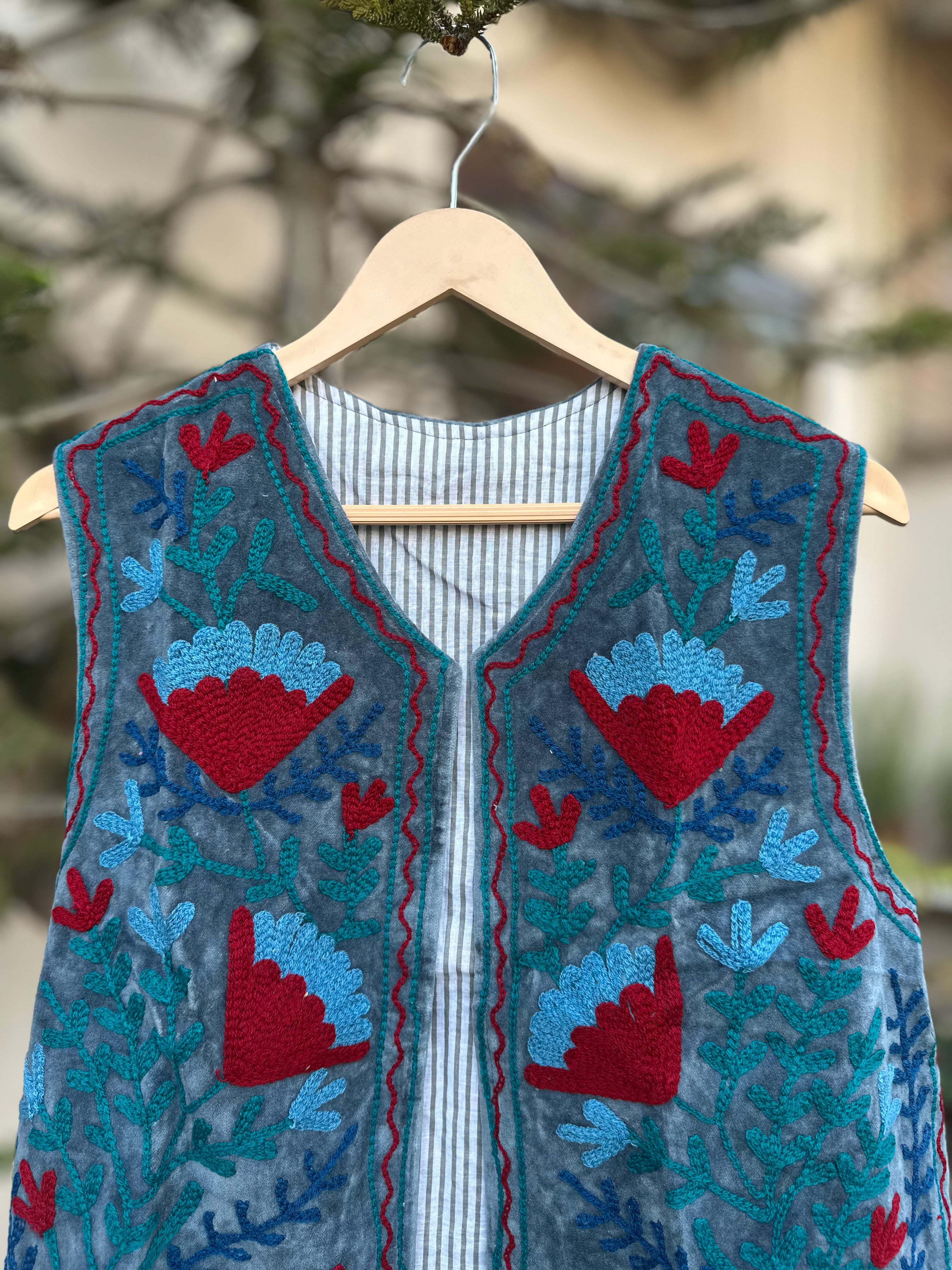 Dusty Blue Velvet Suzani Embroidered Vest