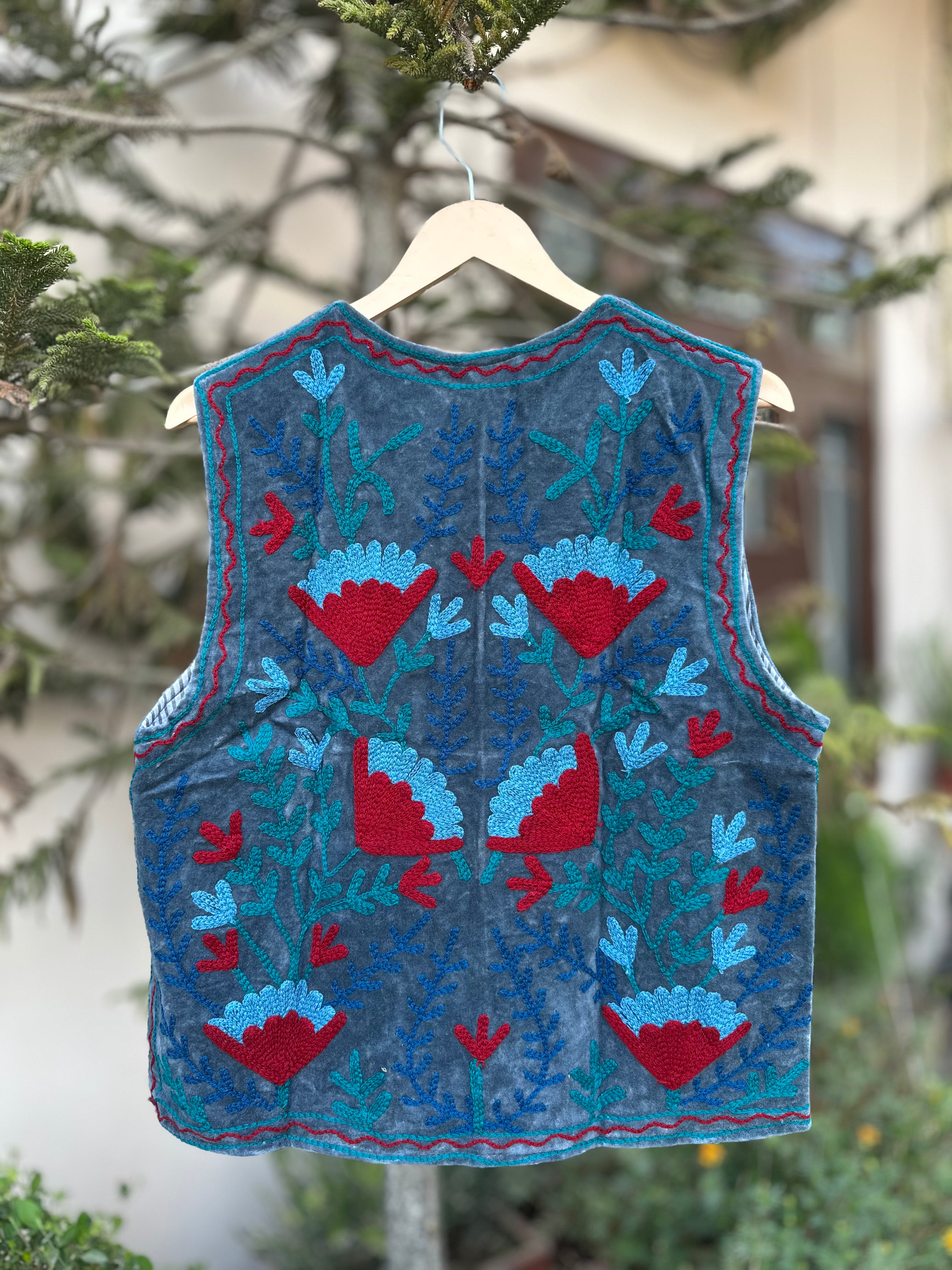 Dusty Blue Velvet Suzani Embroidered Vest