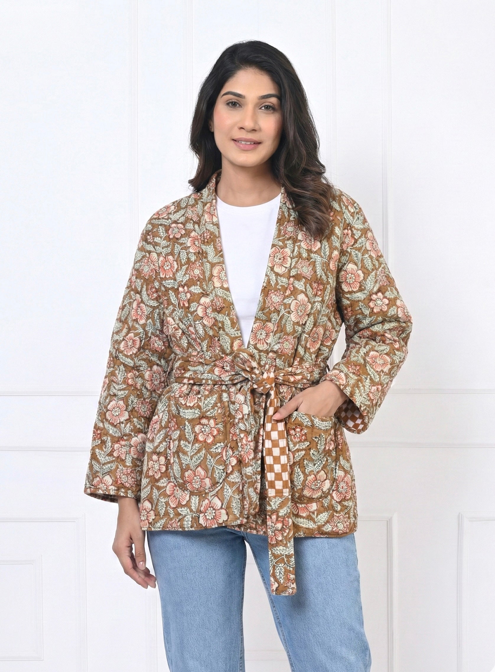 Mustard Brown Floral Quilted Cotton Jacket with Contrast Belt