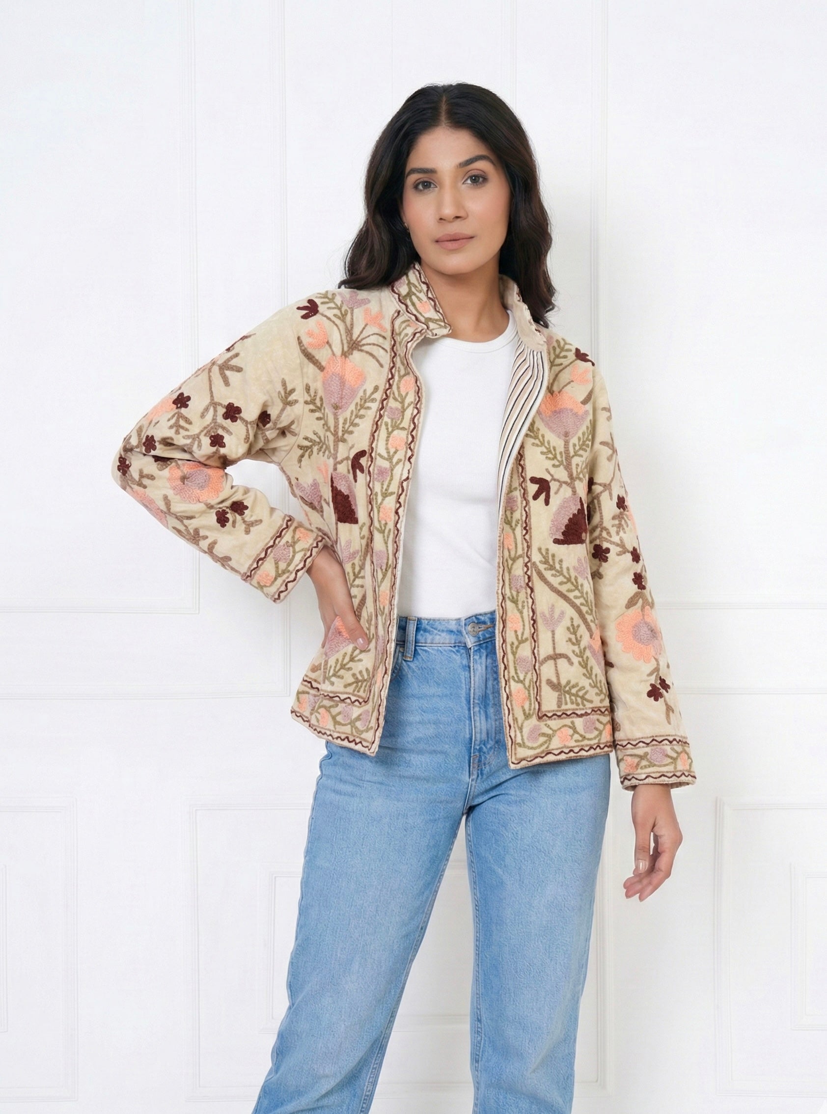 Beige Floral Embroidered Cotton Jacket with Striped Lining