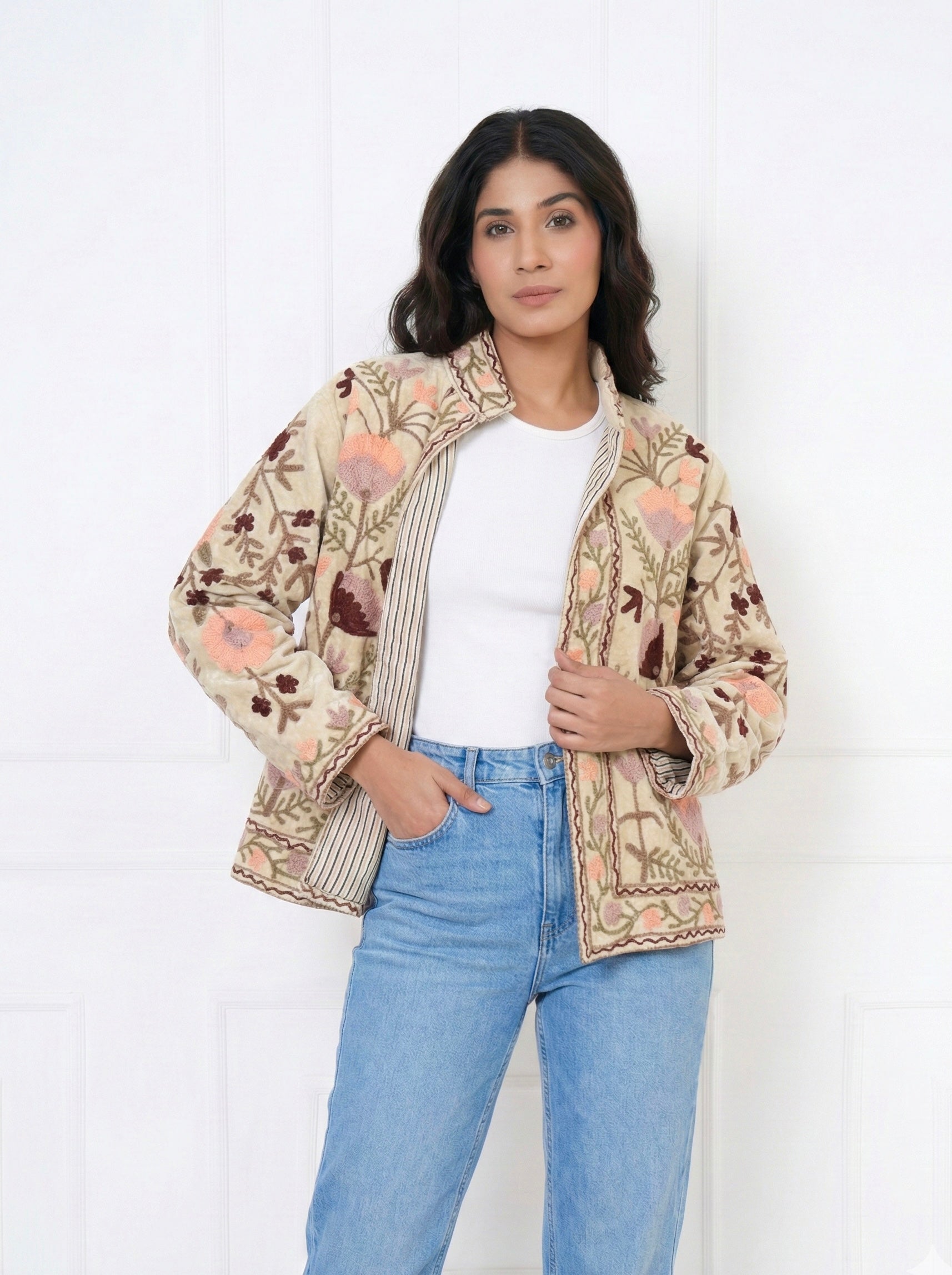 Beige Floral Embroidered Cotton Jacket with Striped Lining