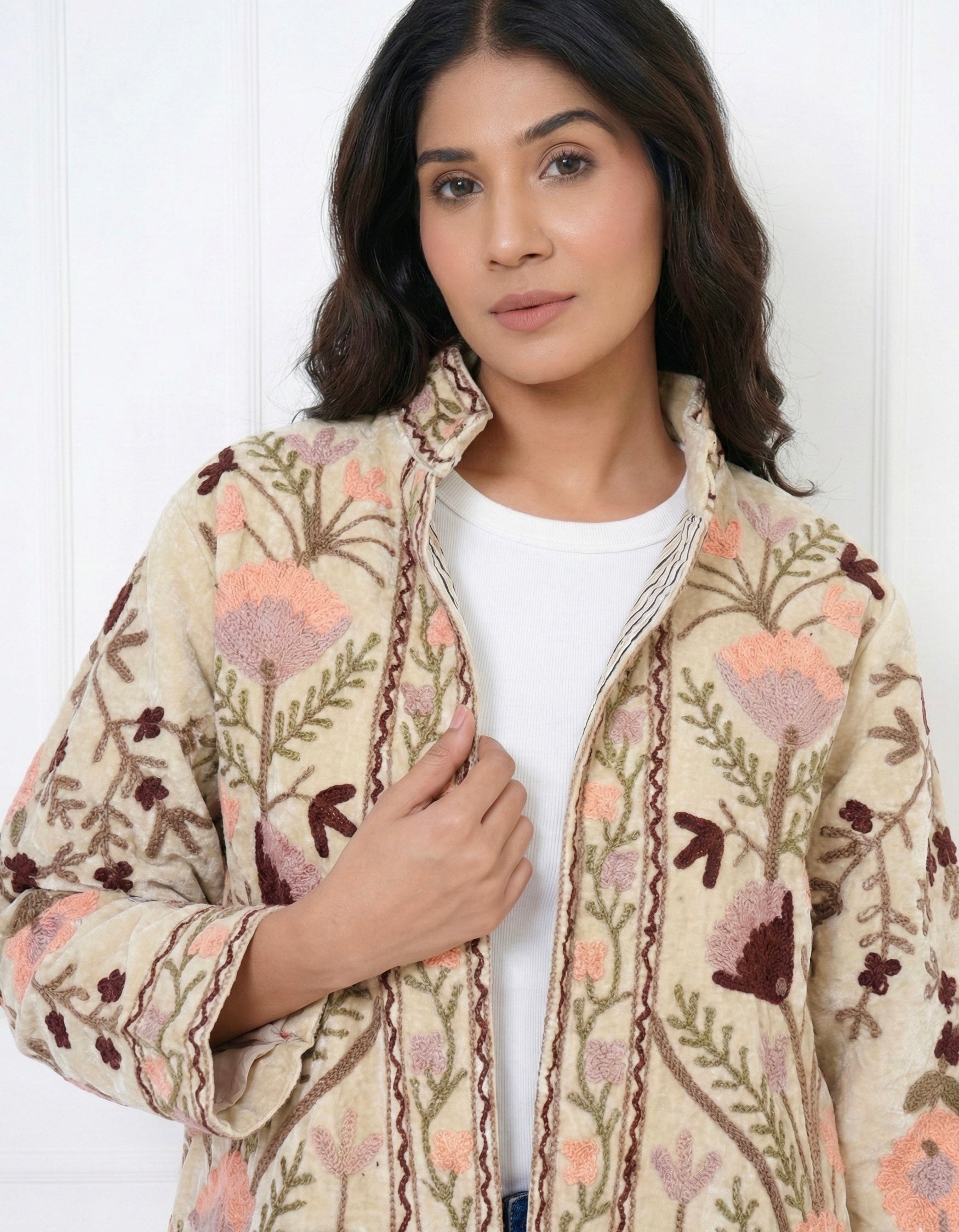 Beige Floral Embroidered Cotton Jacket with Striped Lining
