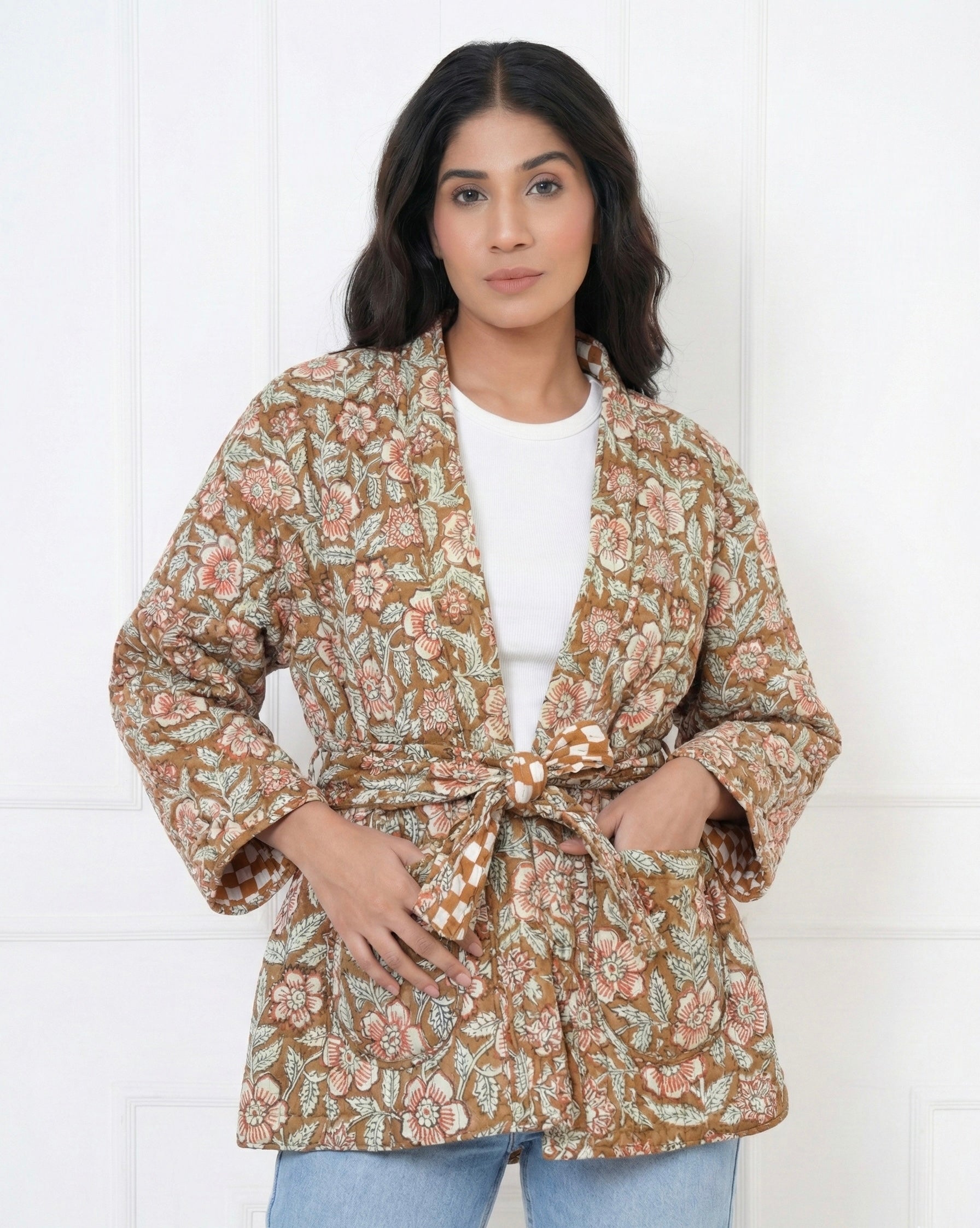 Mustard Brown Floral Quilted Cotton Jacket with Contrast Belt