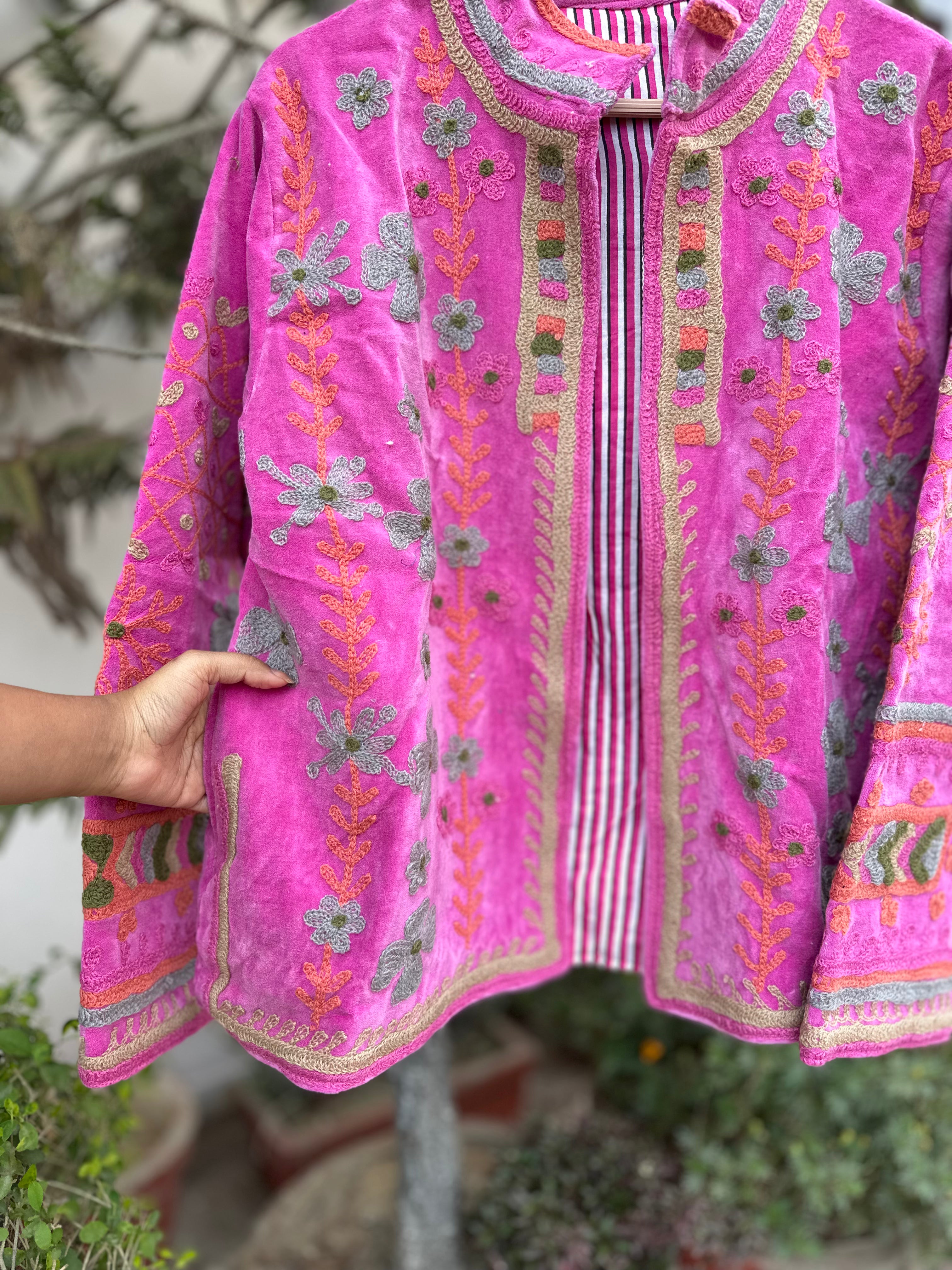 Baby Pink Bloom Handcrafted Velvet Jacket