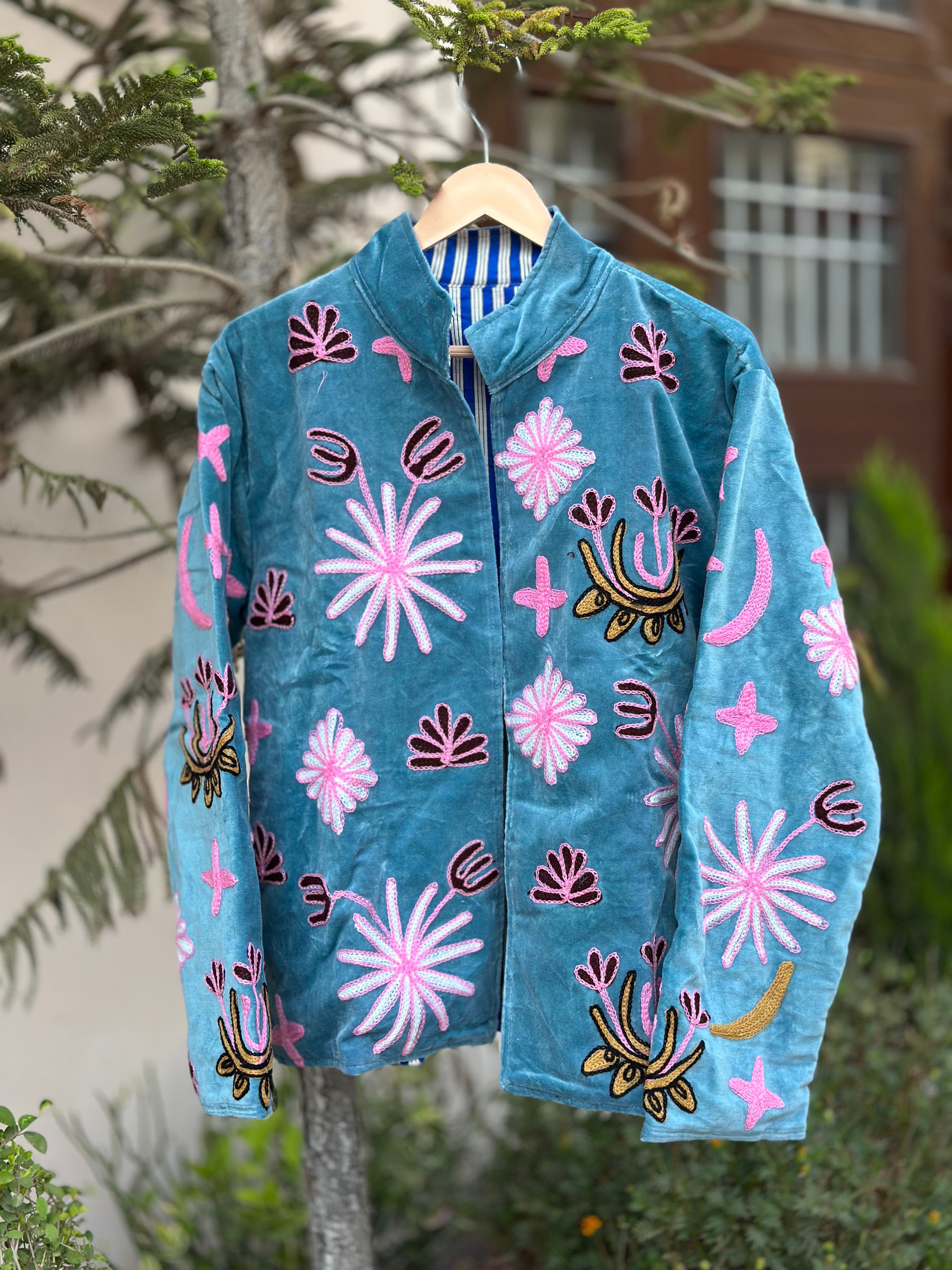 Azure Wild Embroidered Velvet Jacket