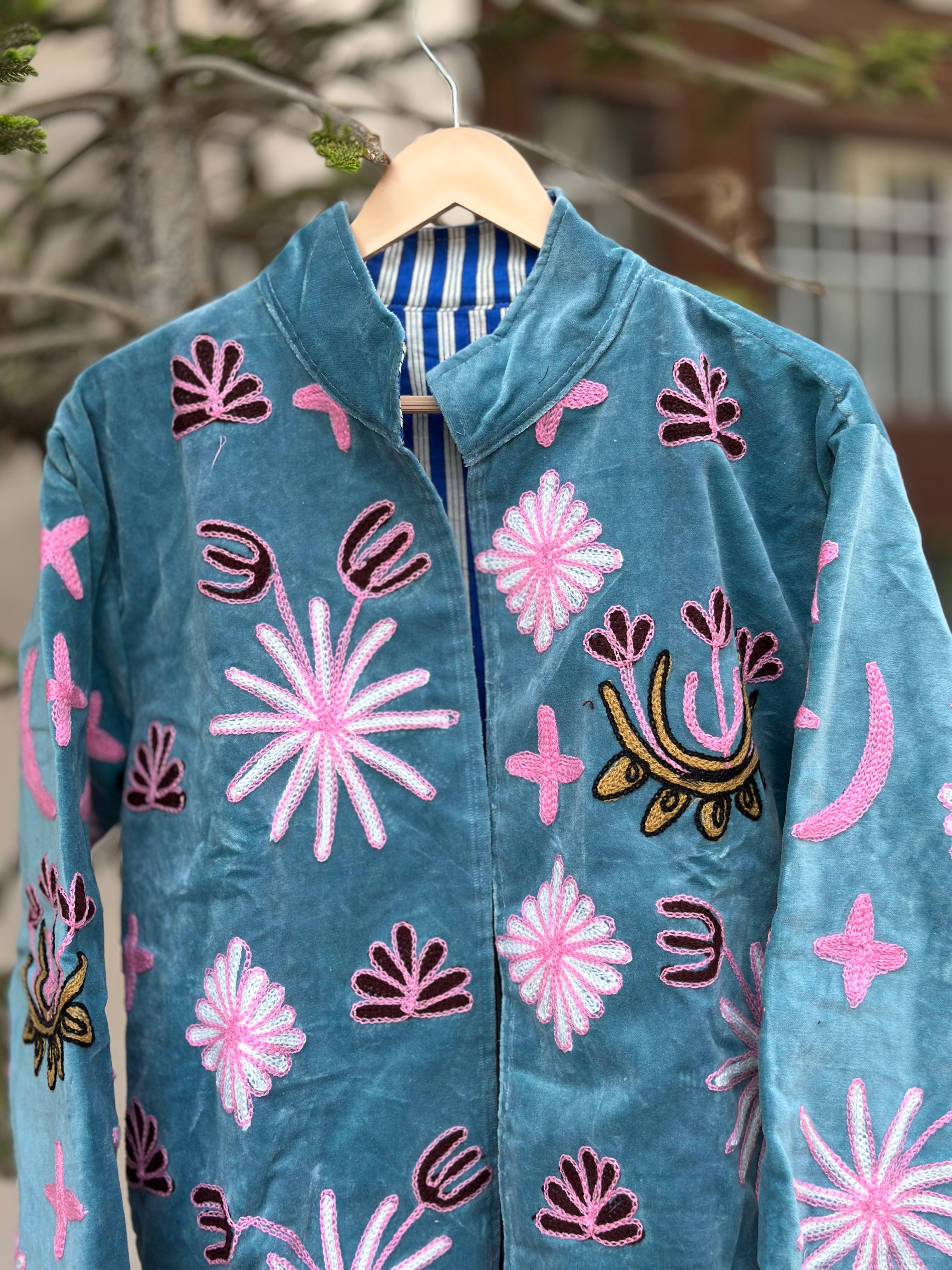 Azure Wild Embroidered Velvet Jacket