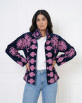 Midnight blue velvet suzani jacket with pink motifs