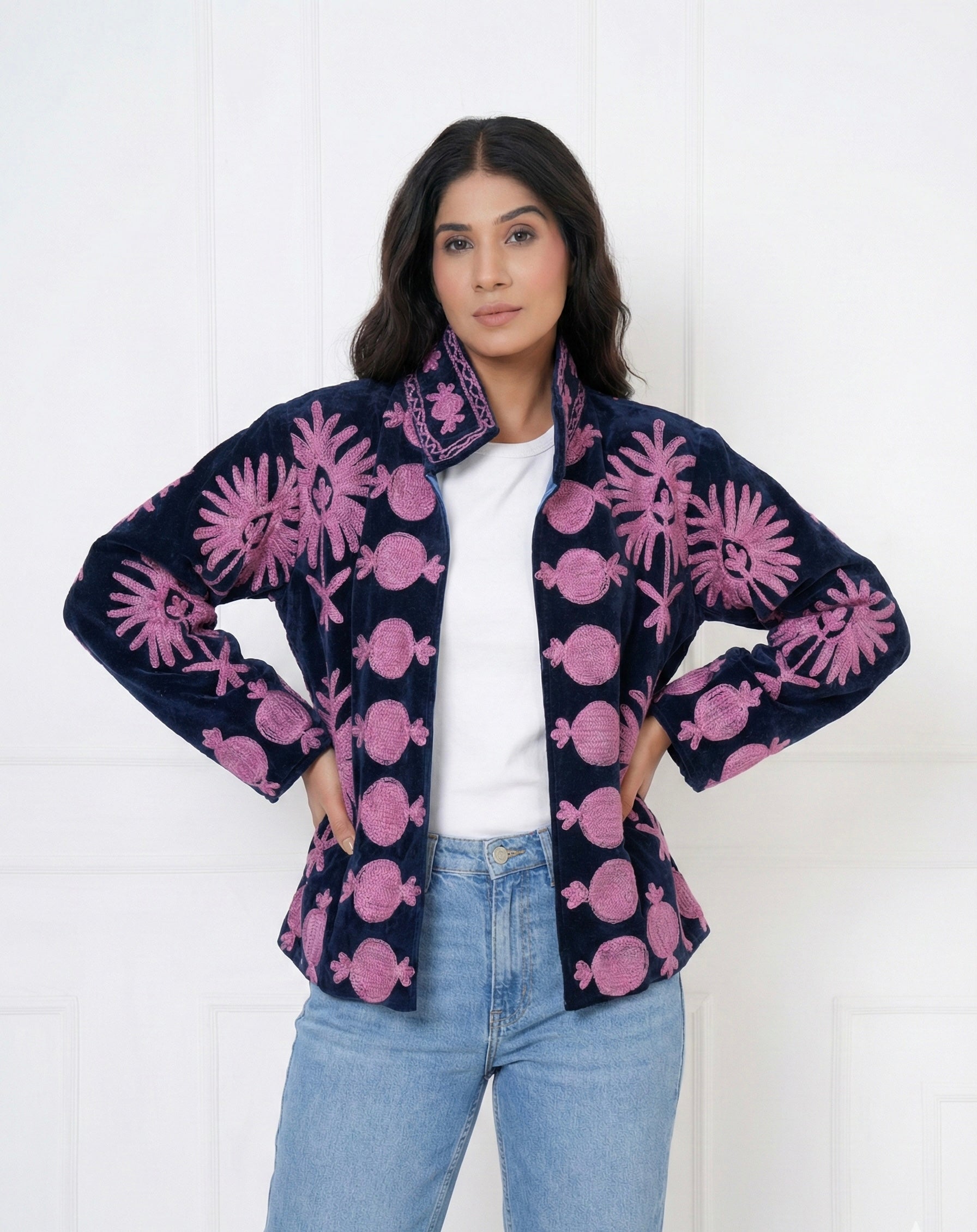 Midnight blue velvet suzani jacket with pink motifs