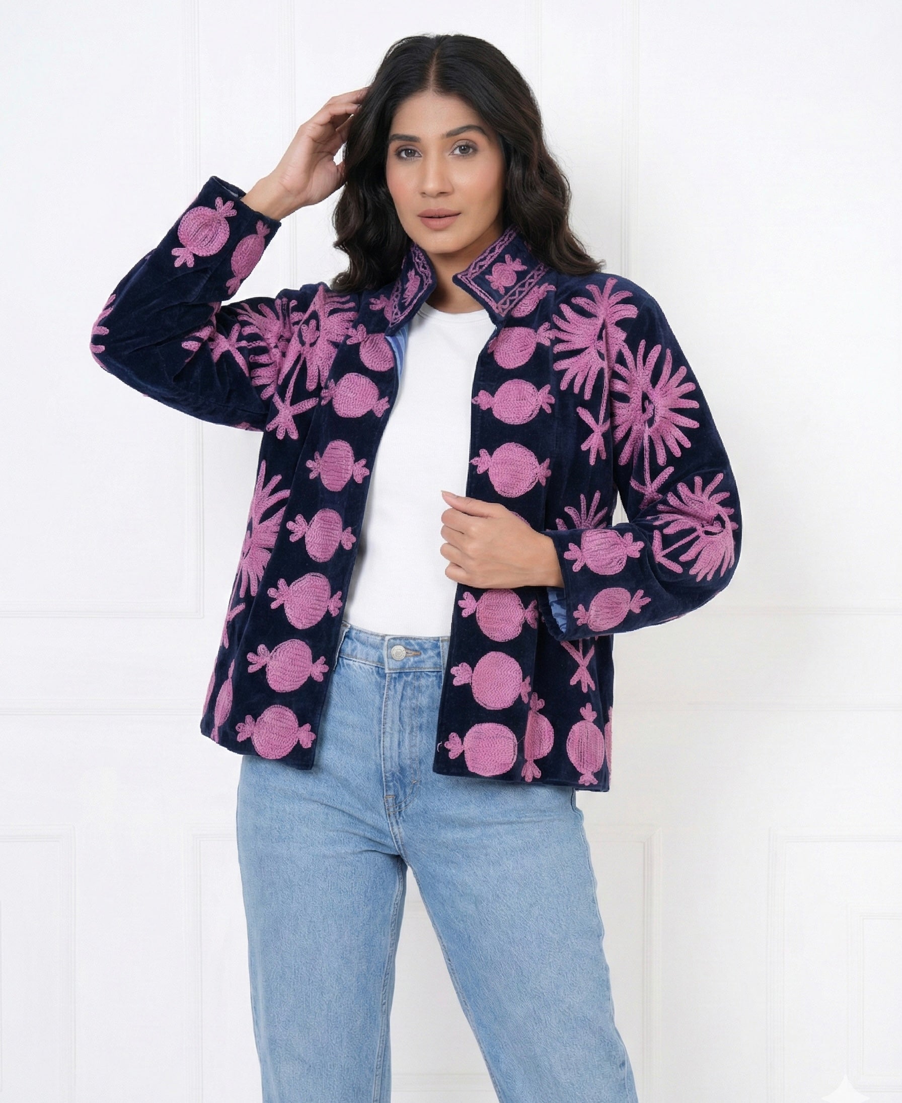 Midnight blue velvet suzani jacket with pink motifs