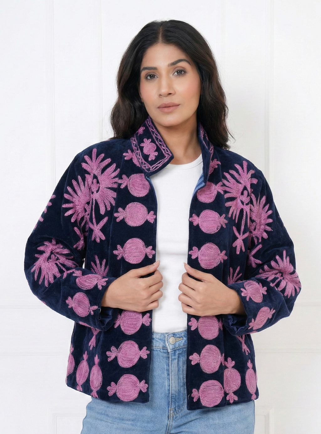 Midnight blue velvet suzani jacket with pink motifs