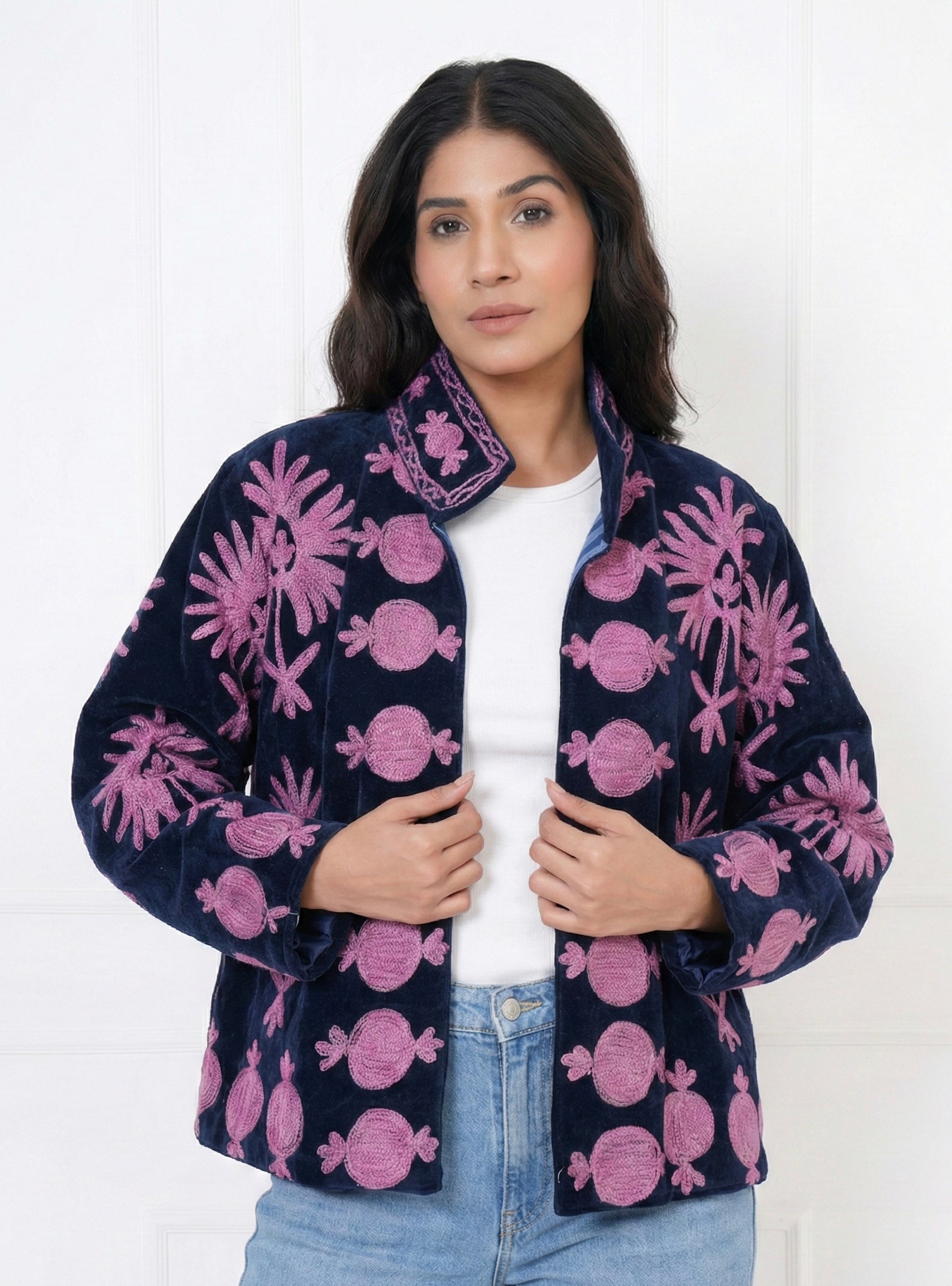 Midnight blue velvet suzani jacket with pink motifs