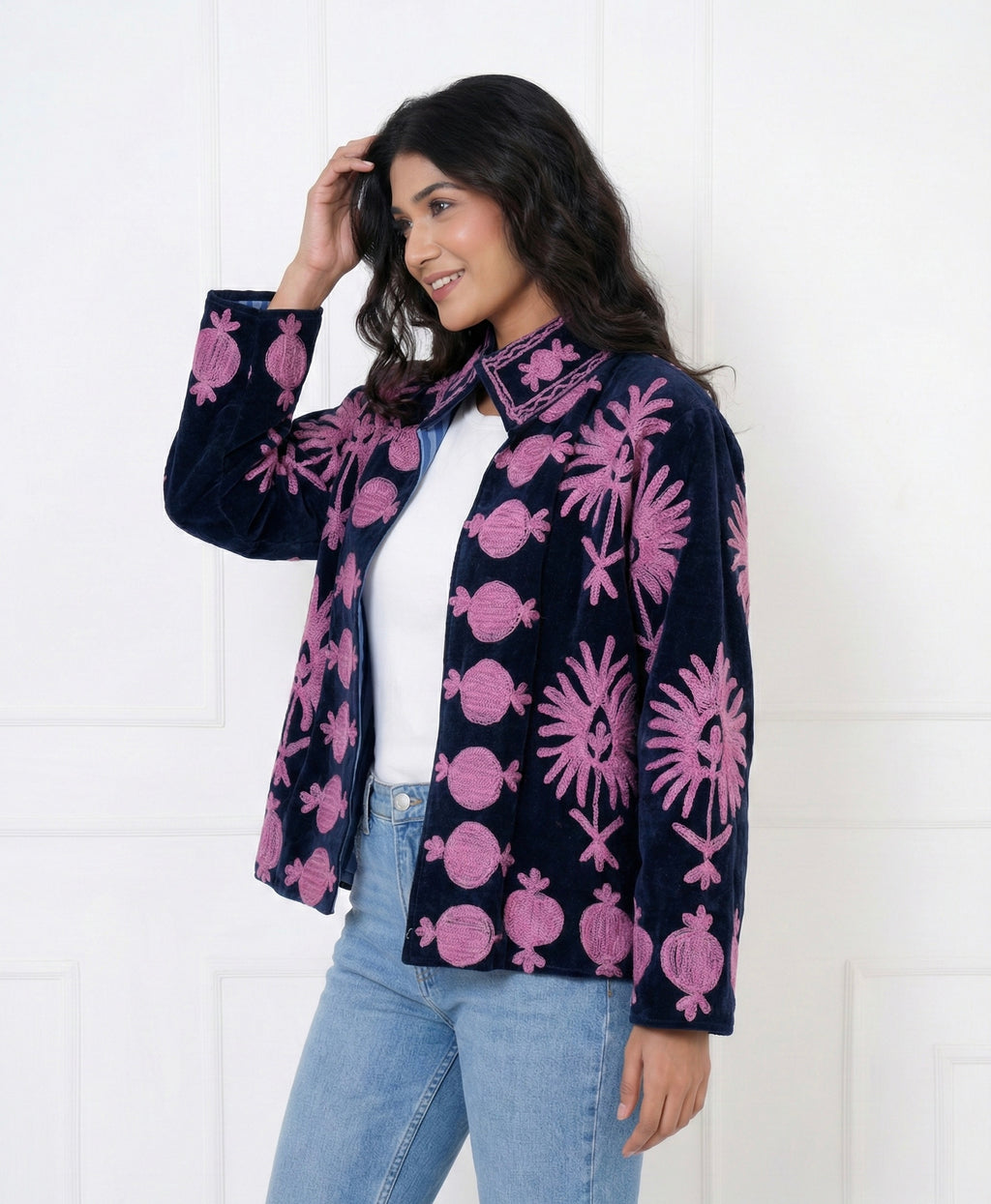 Midnight blue velvet suzani jacket with pink motifs