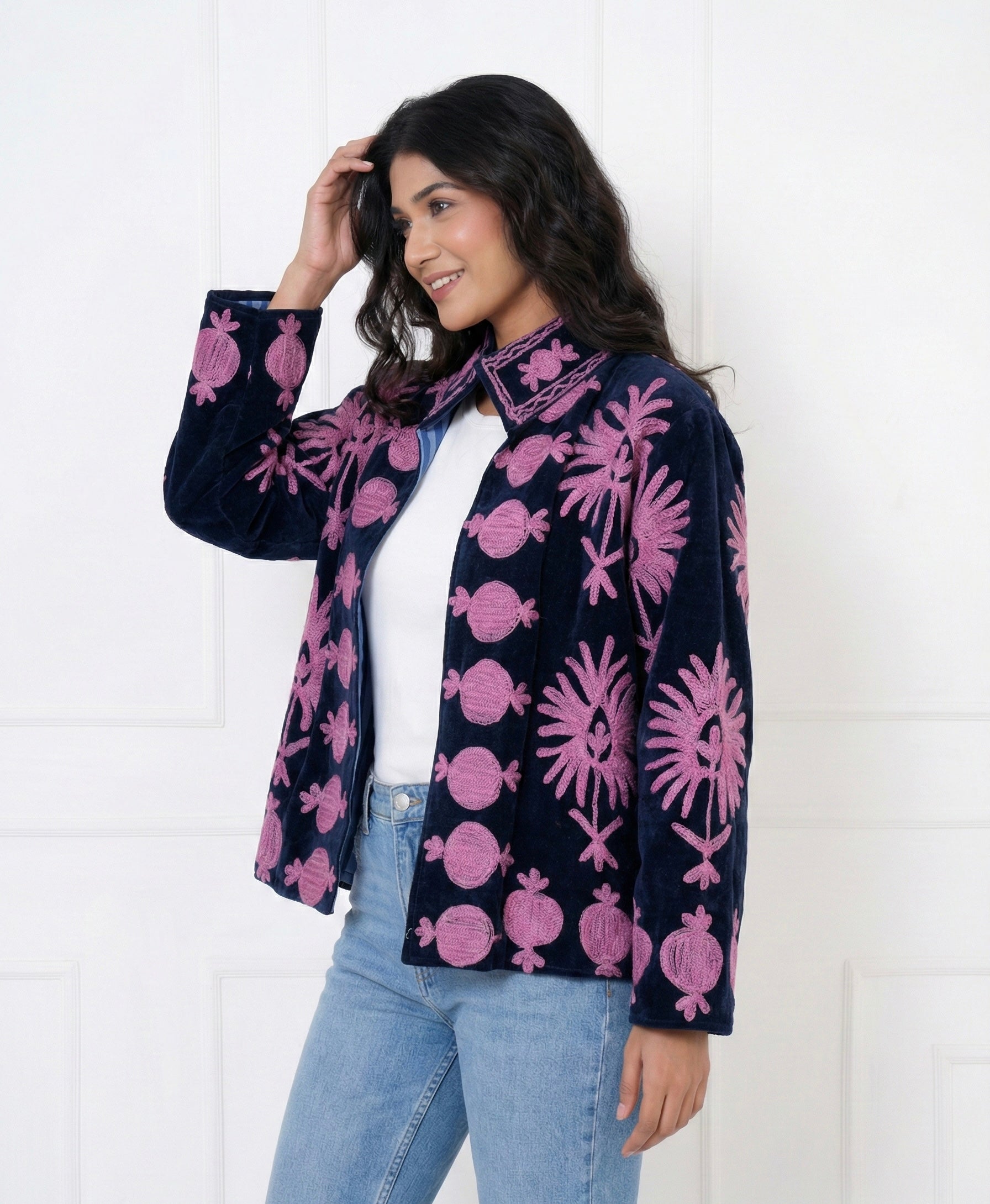 Midnight blue velvet suzani jacket with pink motifs