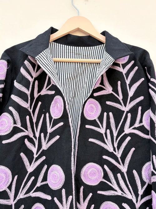Black Floral Embroidered Denim Jacket