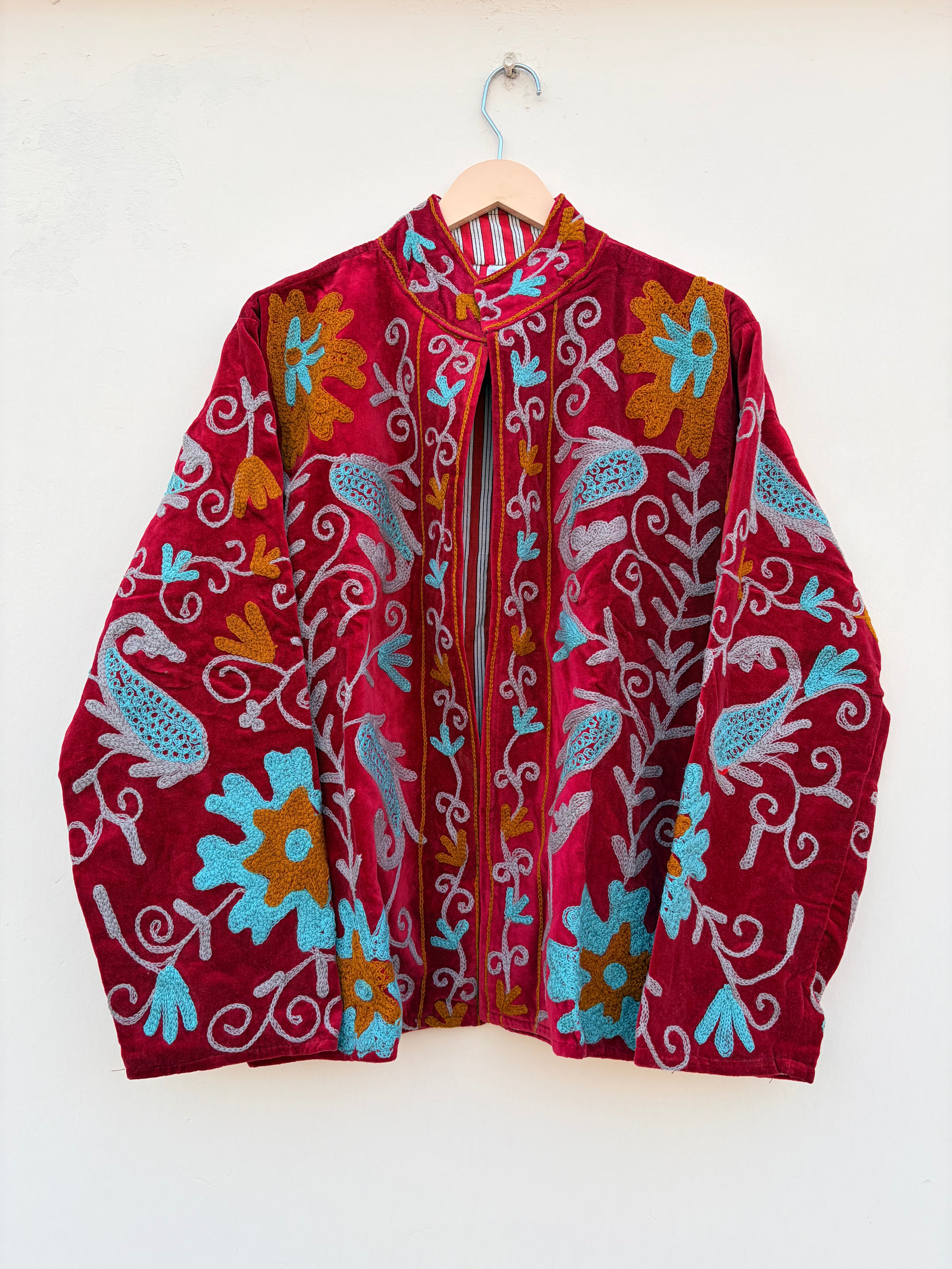 Crimson Floral Embroidered Velvet Statement Jacket