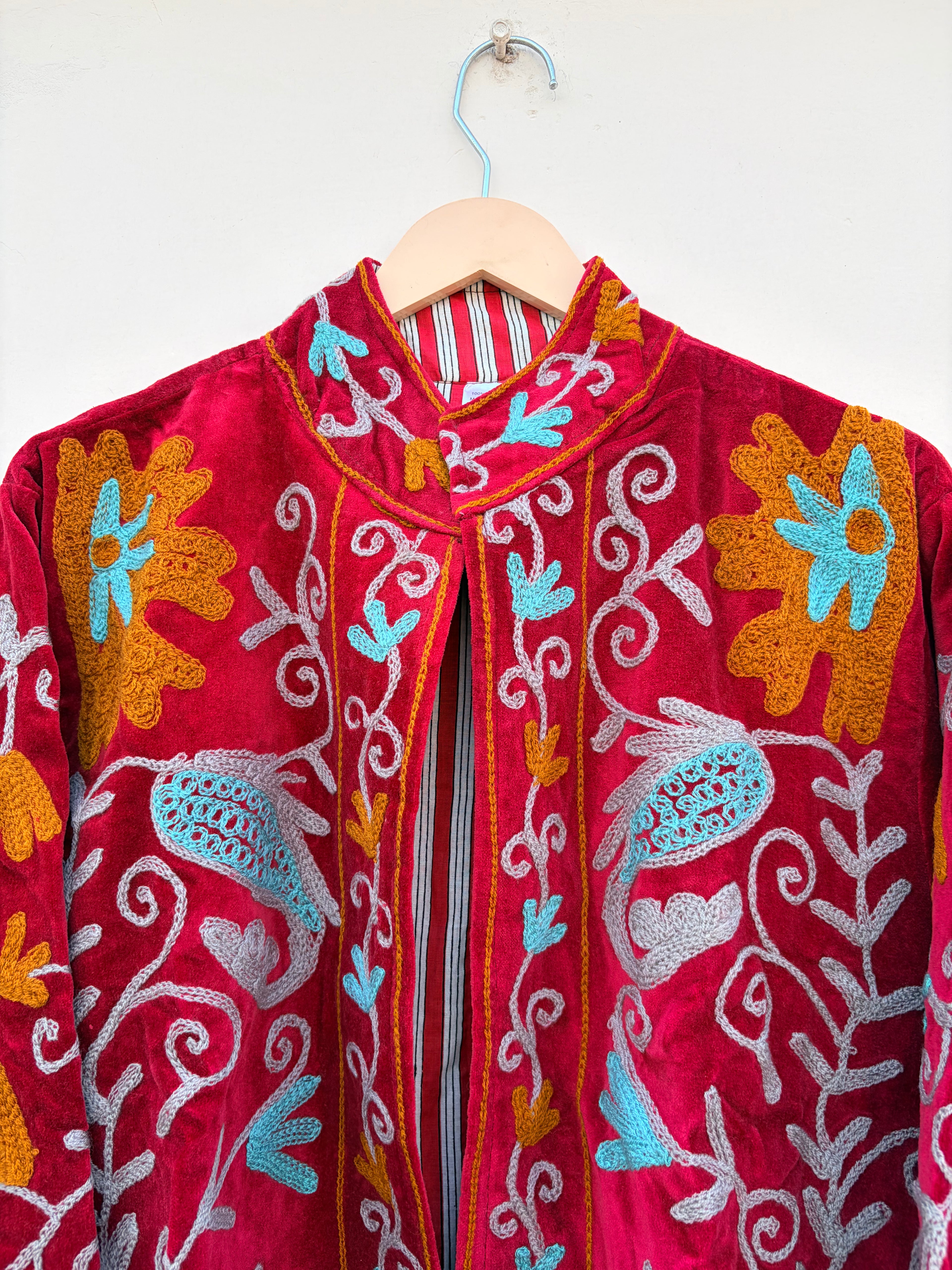Crimson Floral Embroidered Velvet Statement Jacket