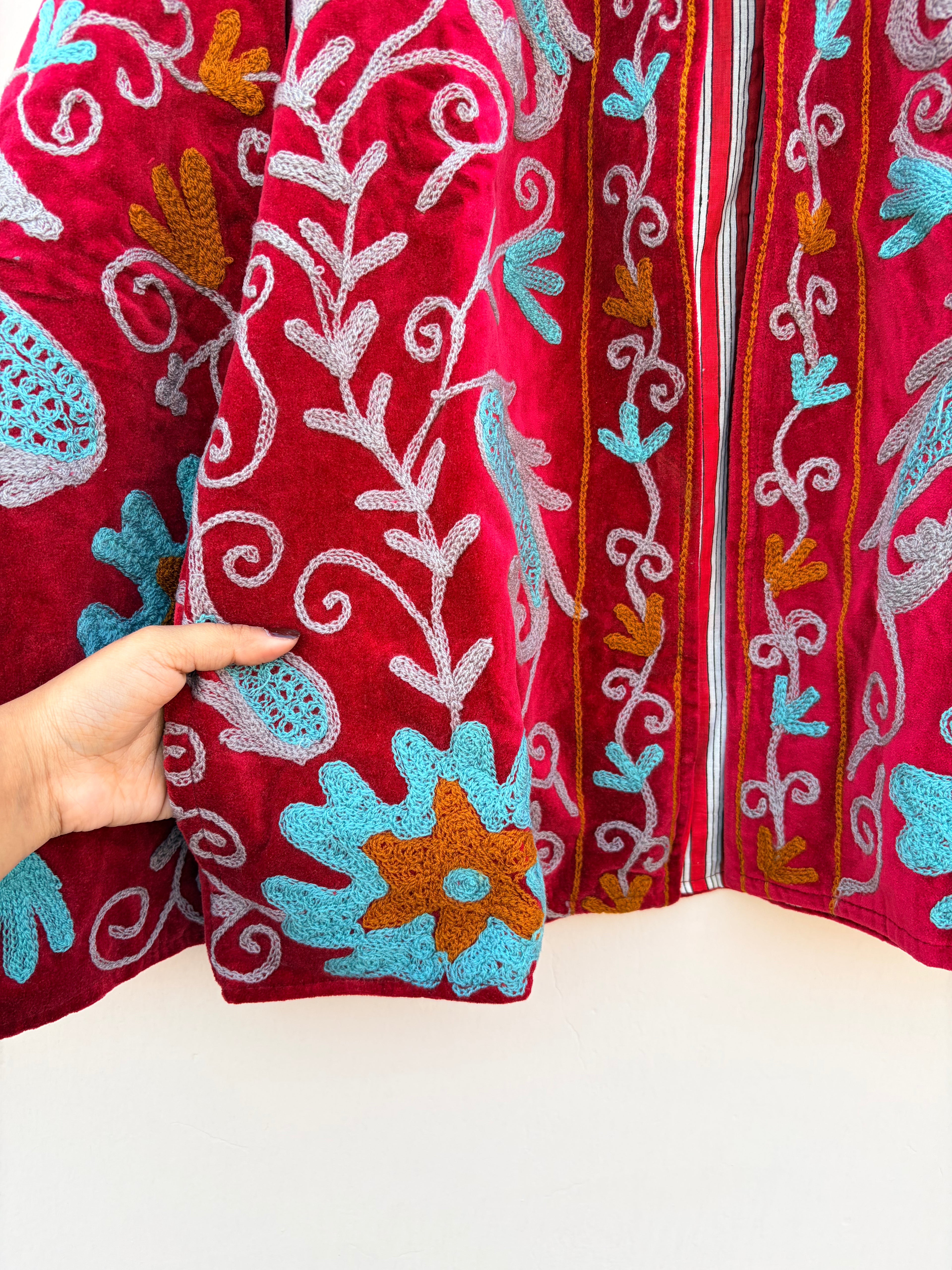 Crimson Floral Embroidered Velvet Statement Jacket