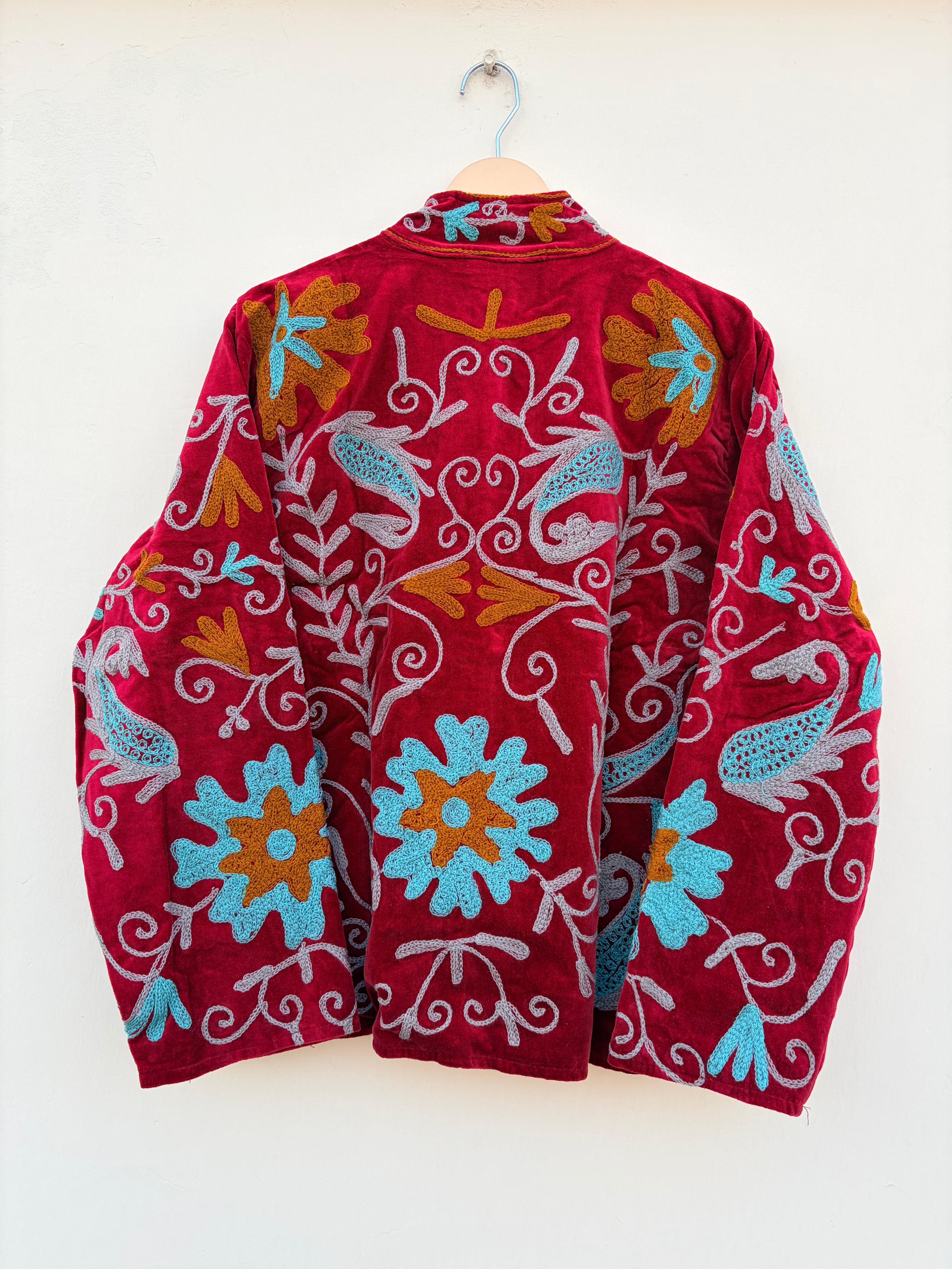 Crimson Floral Embroidered Velvet Statement Jacket