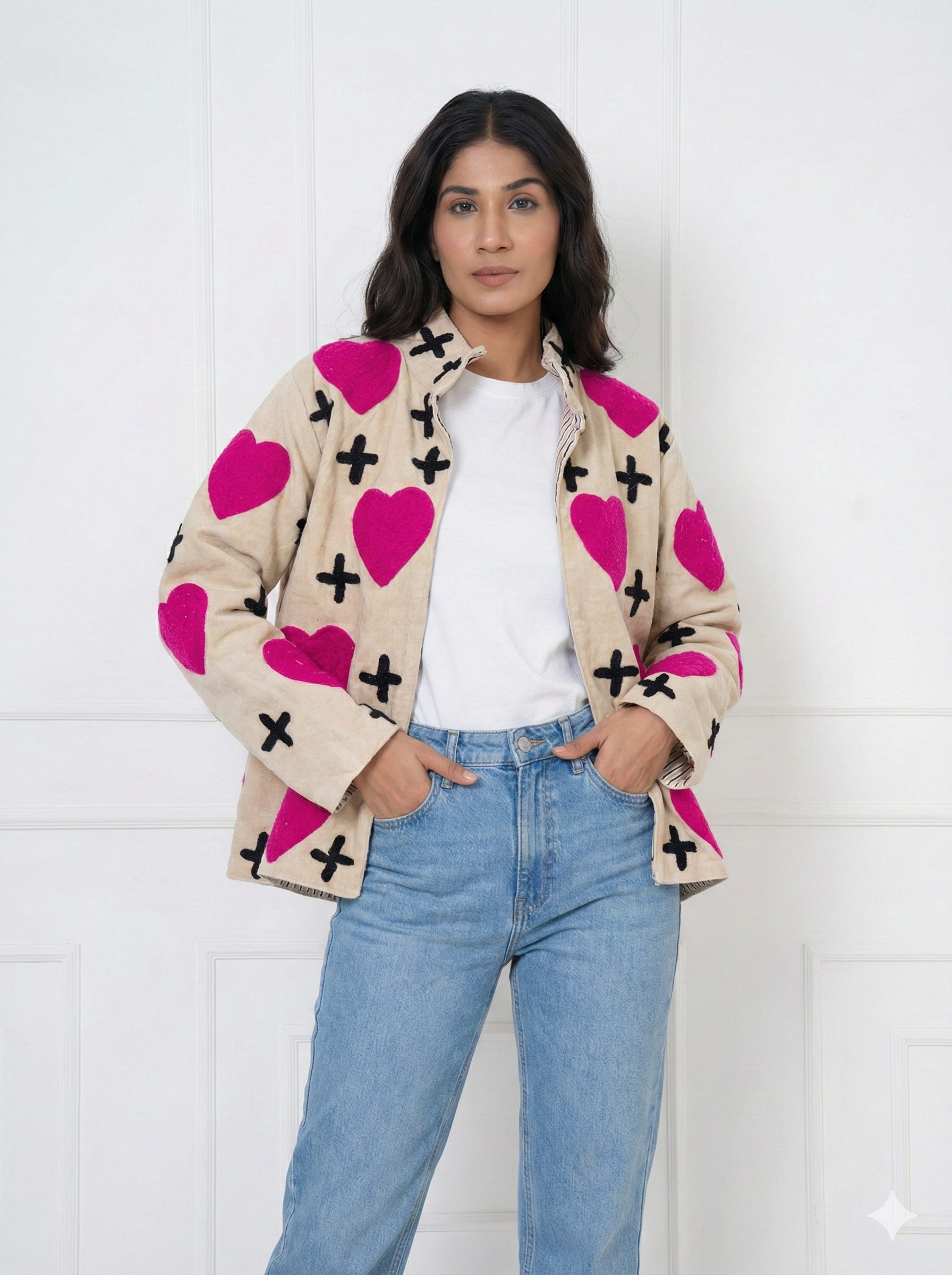 Beige Velvet Heart Print Jacket