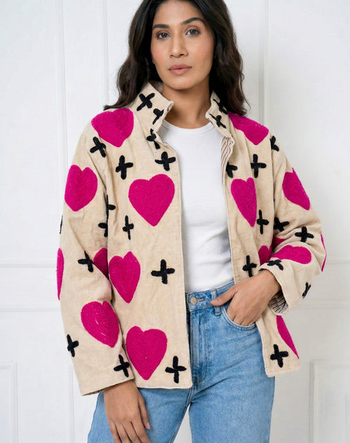 Beige Velvet Heart Print Jacket