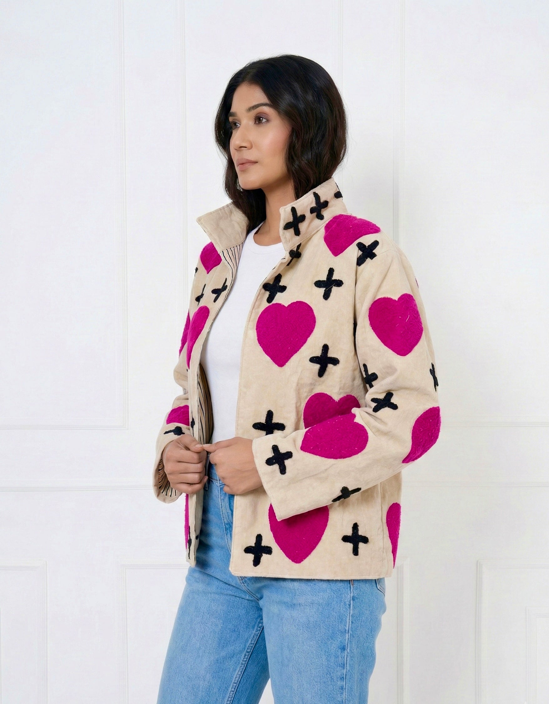 Beige Velvet Heart Print Jacket