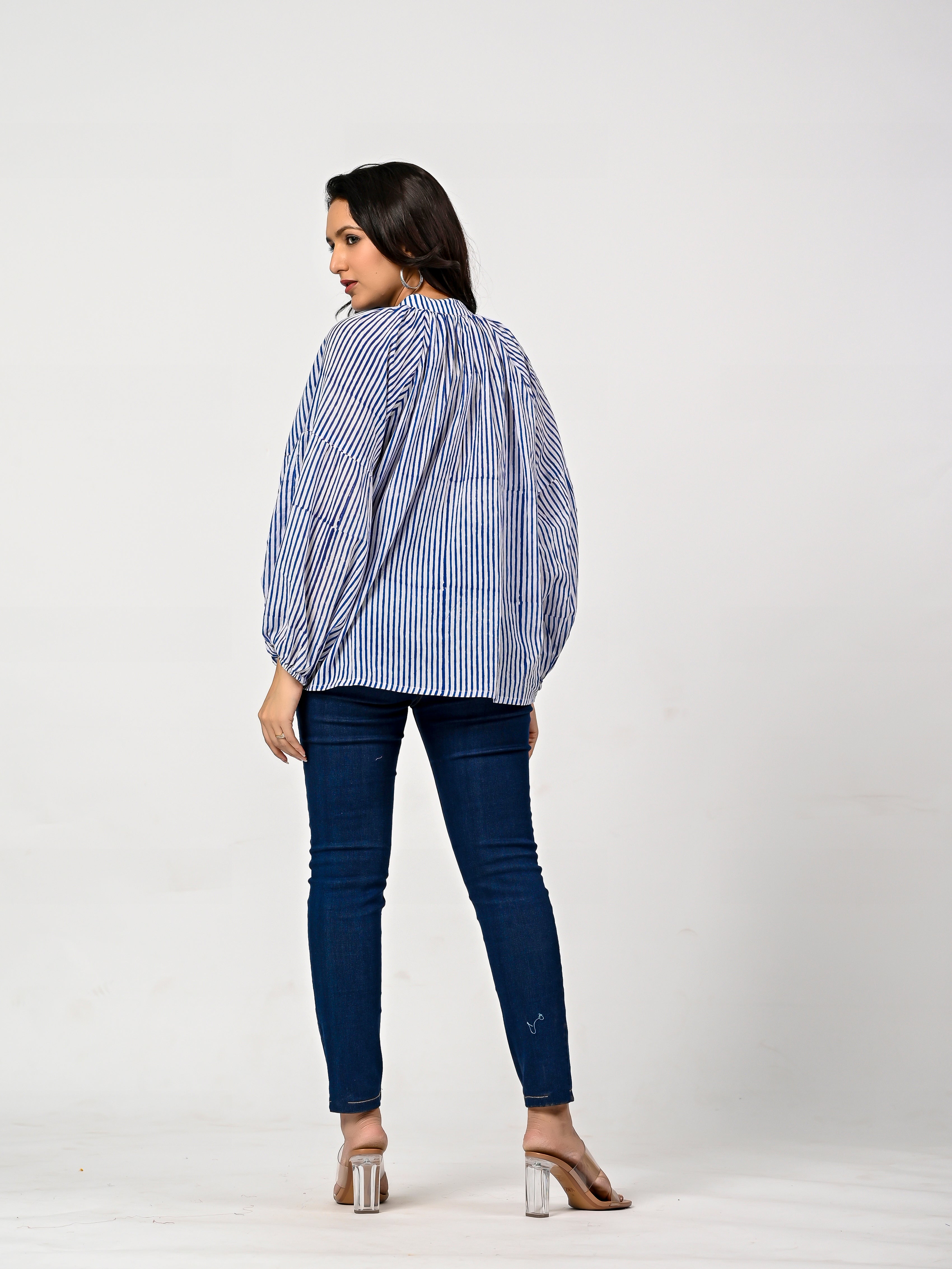 Blue Striped Cotton Balloon Sleeve Top