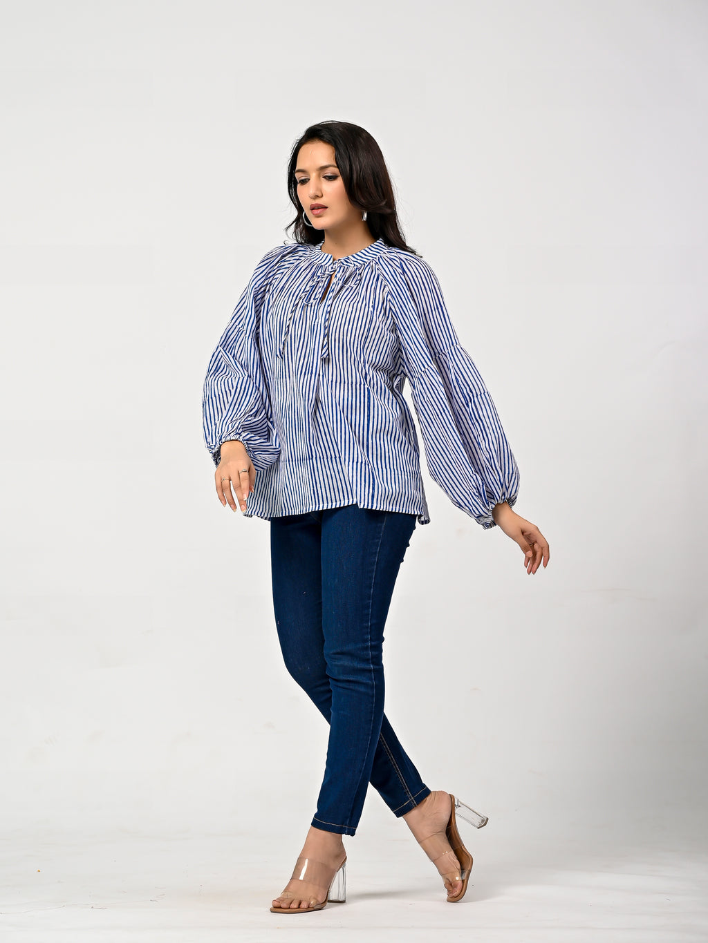 Blue Striped Cotton Balloon Sleeve Top