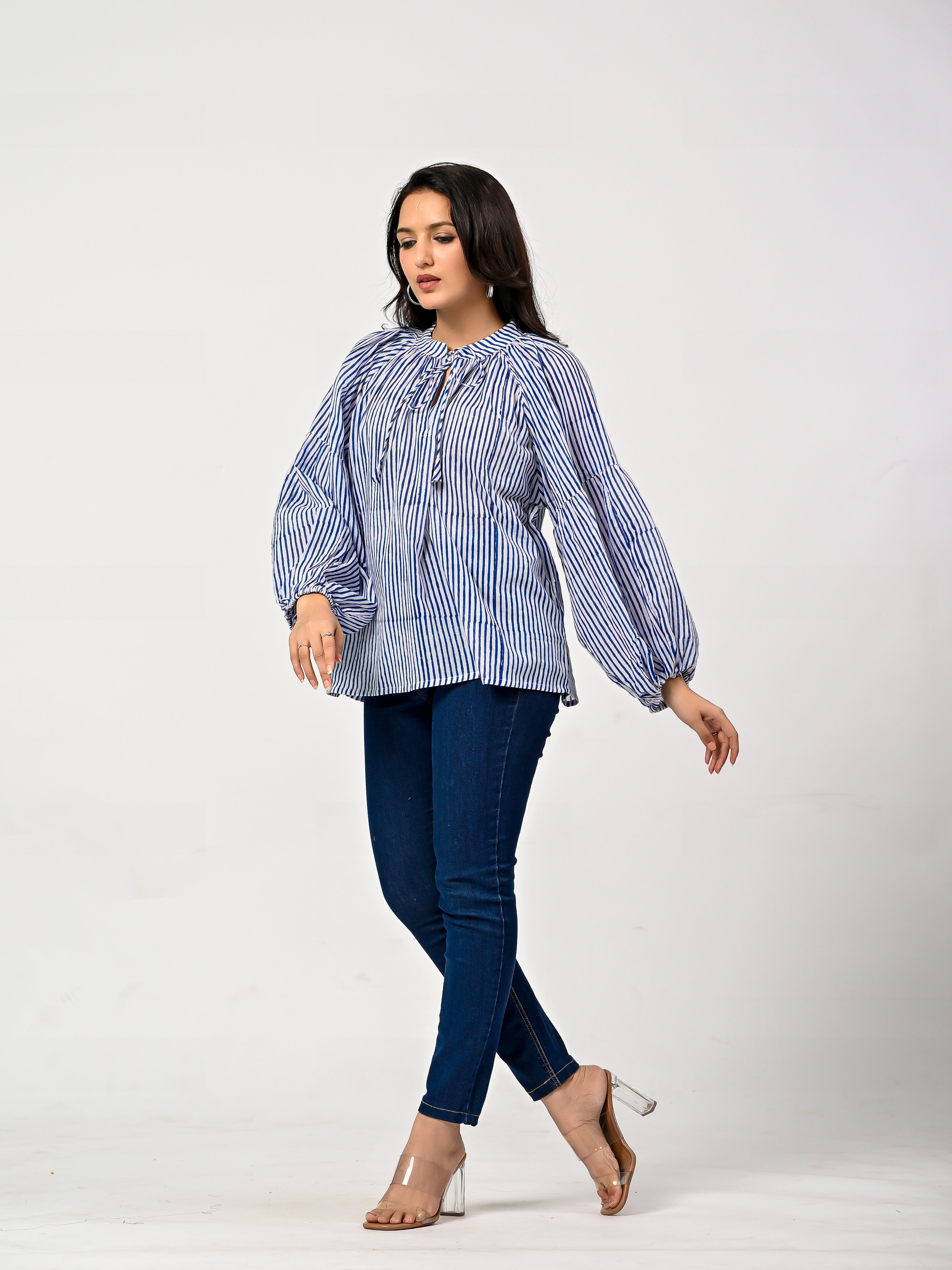 Blue Striped Cotton Balloon Sleeve Top