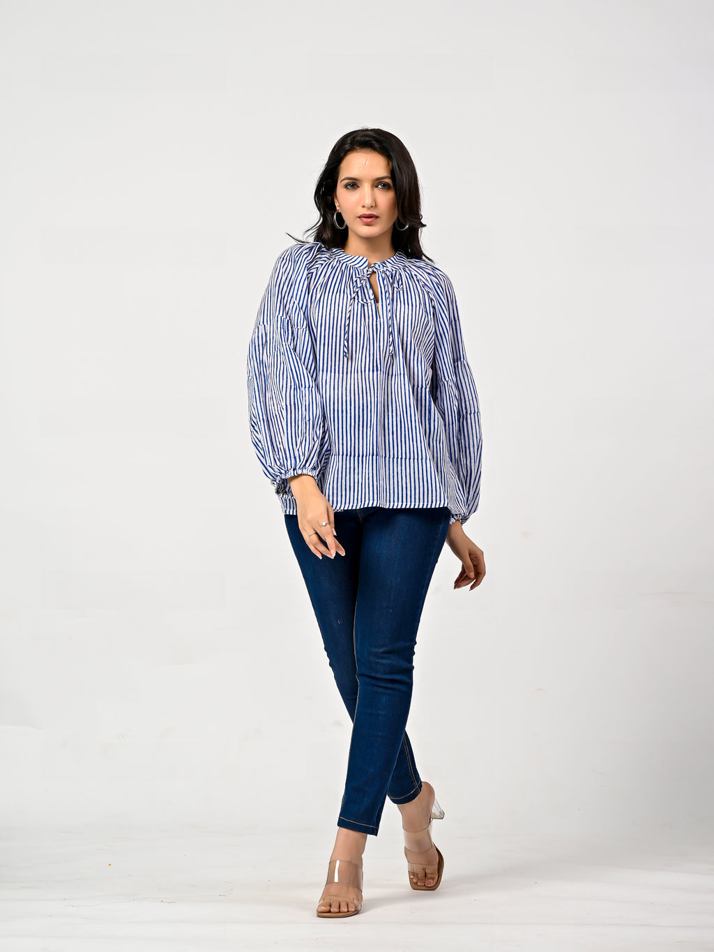 Blue Striped Cotton Balloon Sleeve Top