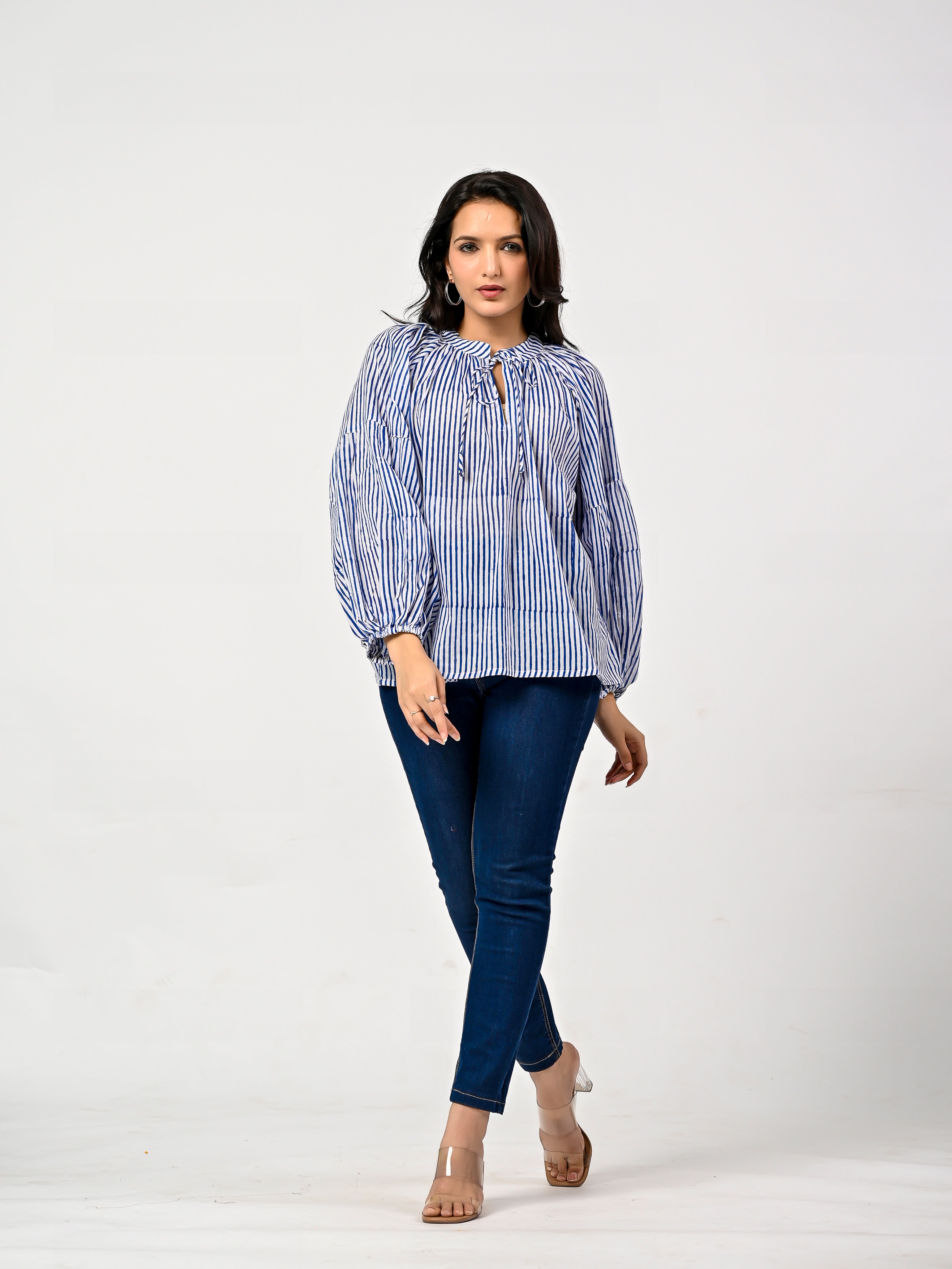 Blue Striped Cotton Balloon Sleeve Top