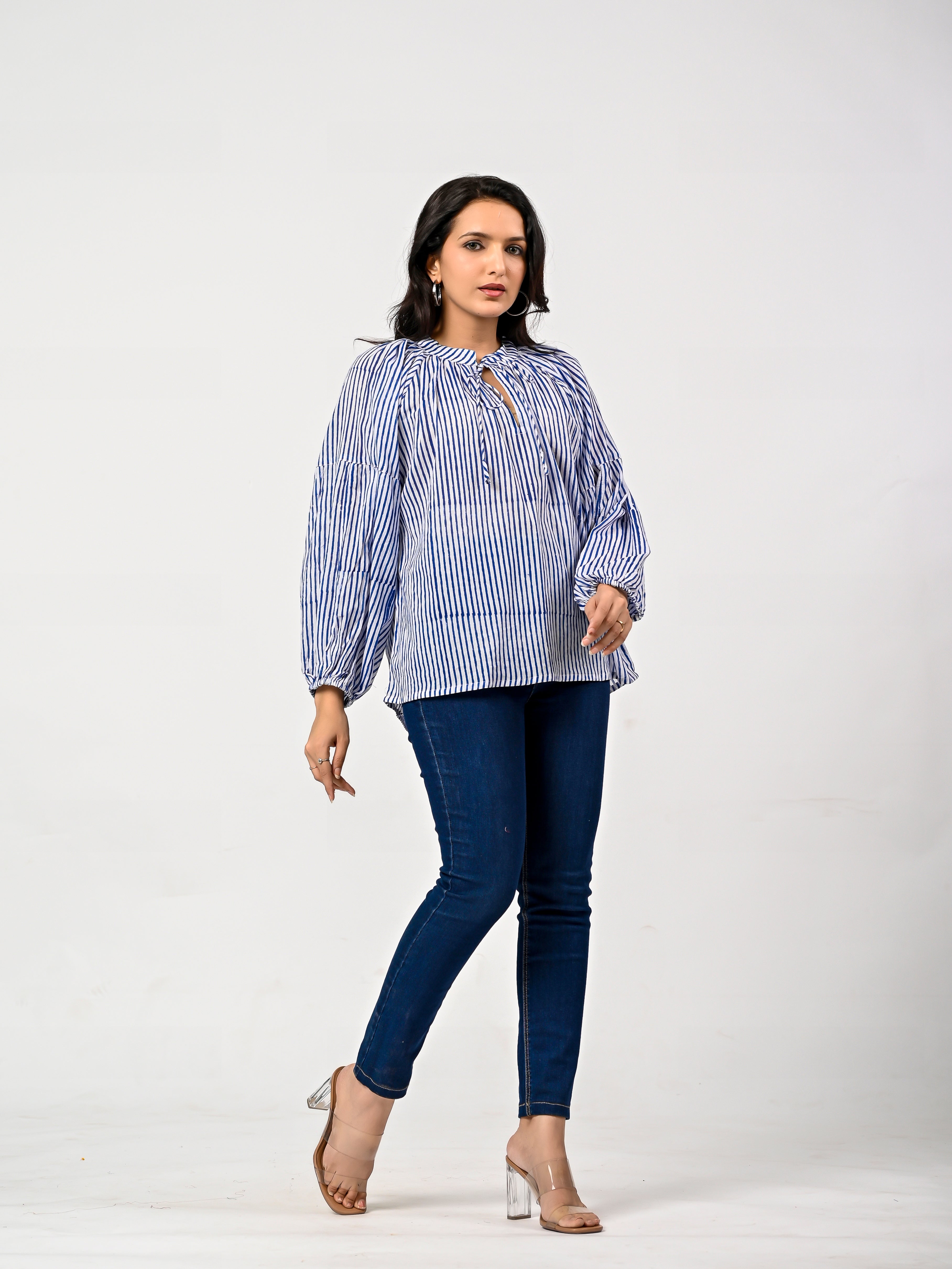 Blue Striped Cotton Balloon Sleeve Top