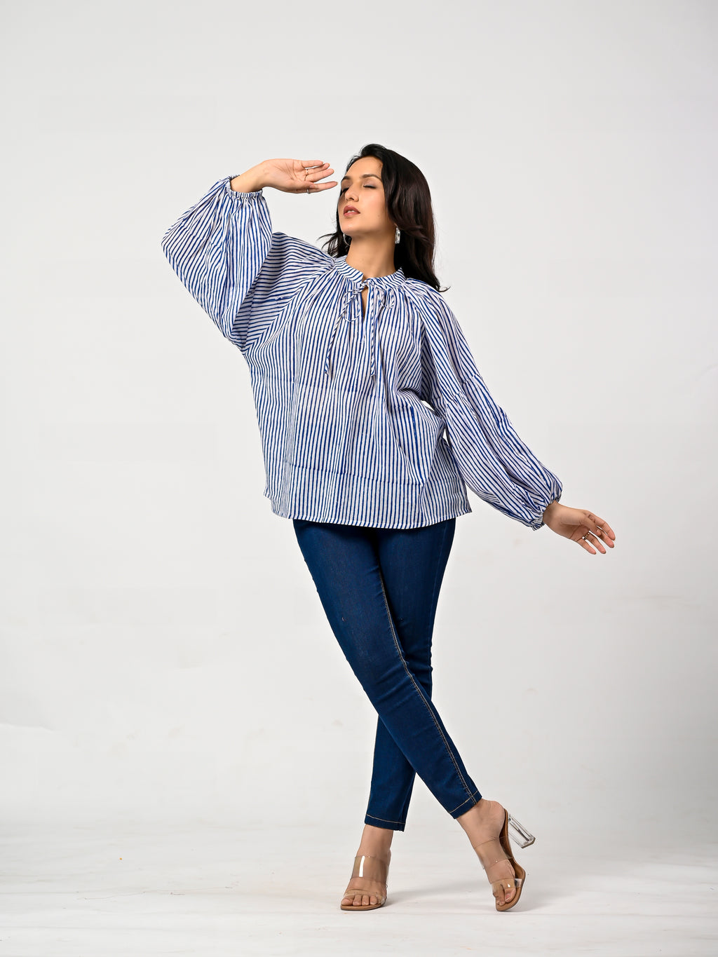 Blue Striped Cotton Balloon Sleeve Top