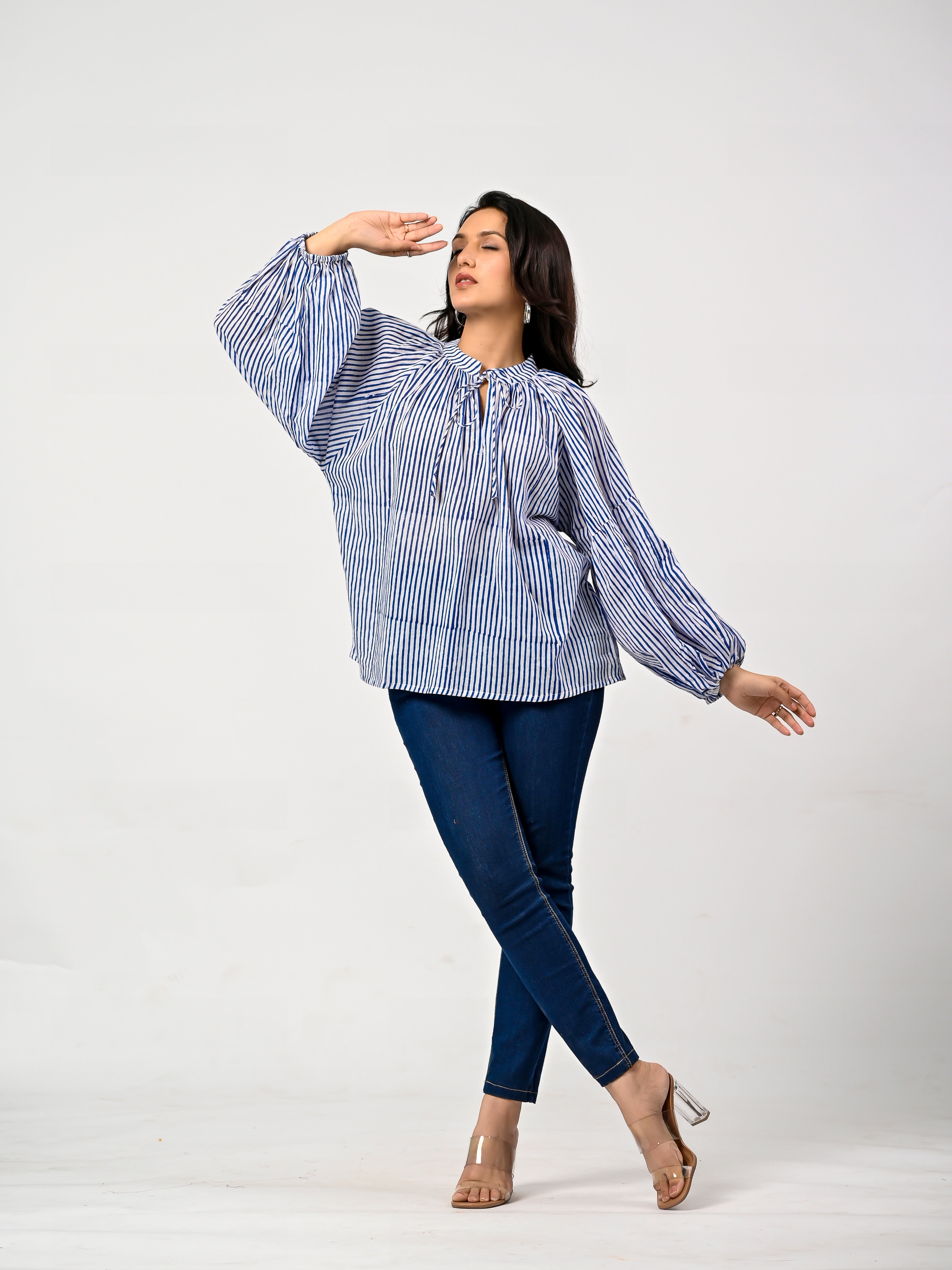 Blue Striped Cotton Balloon Sleeve Top