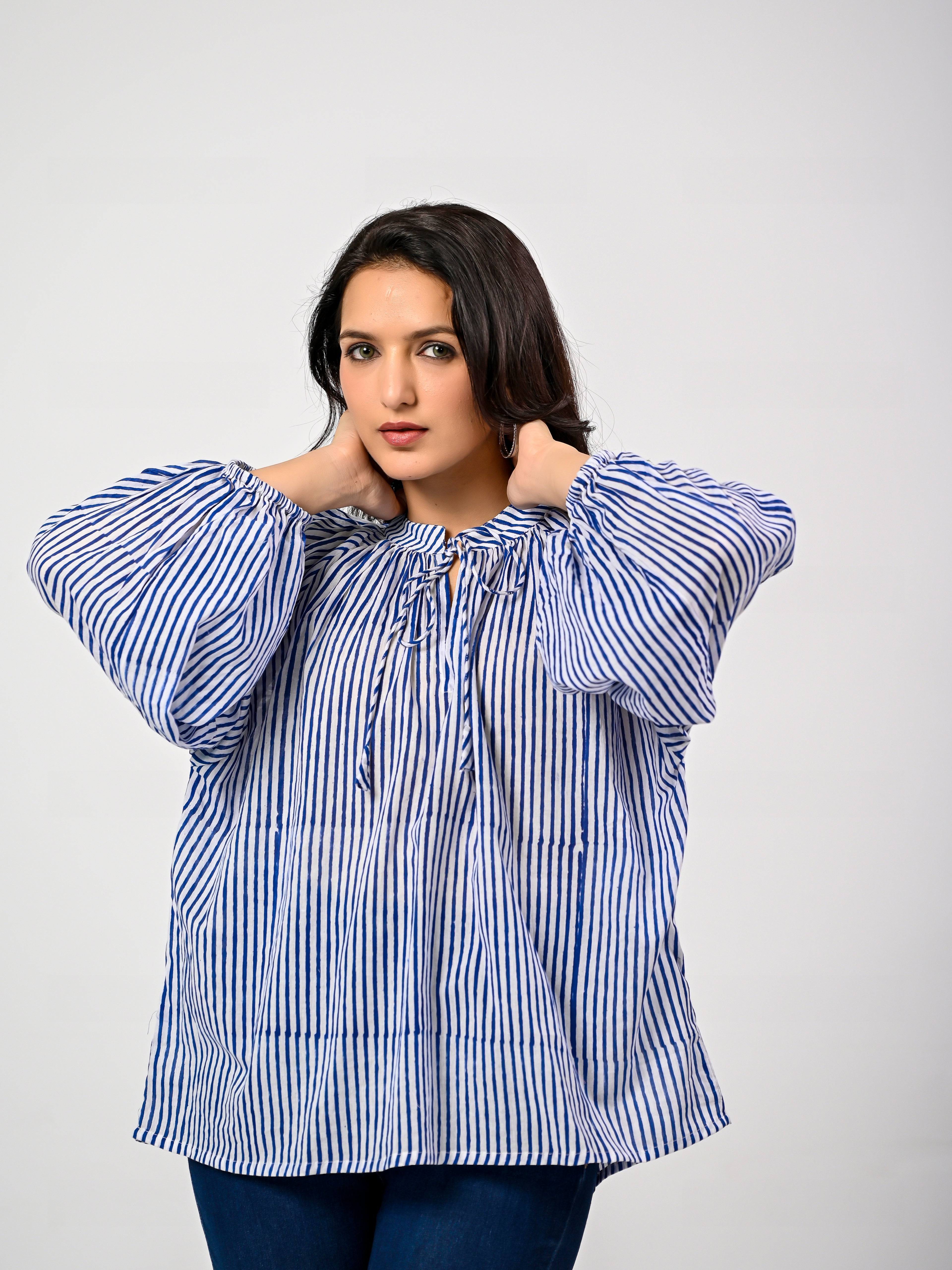 Blue Striped Cotton Balloon Sleeve Top