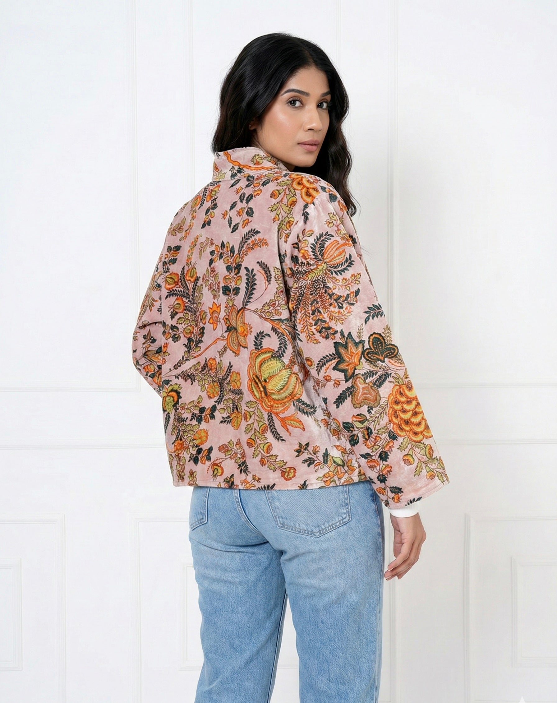 Blush Floral Printed Velvet Jacket