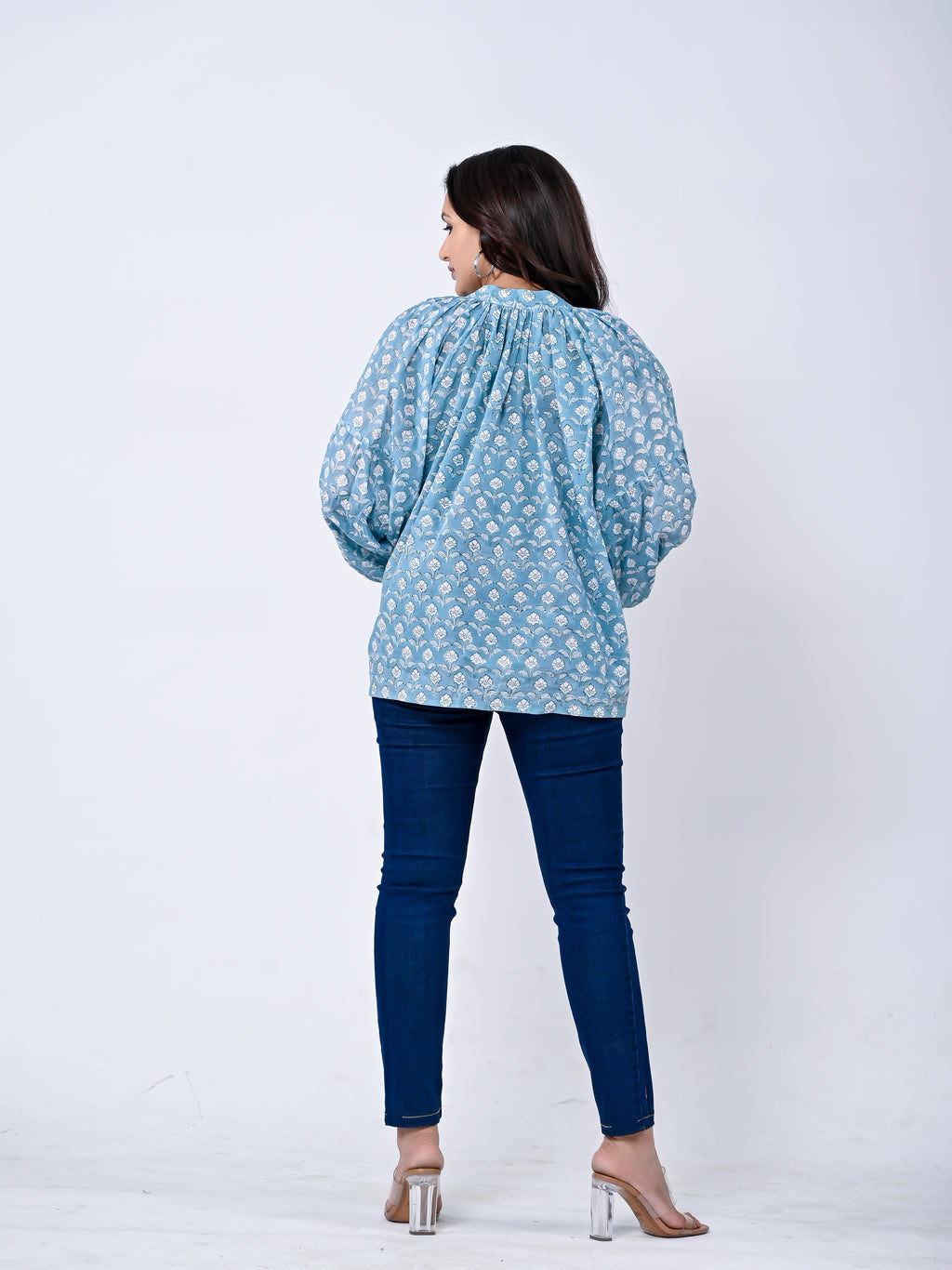 Blue Floral Printed Cotton Balloon Sleeve Top