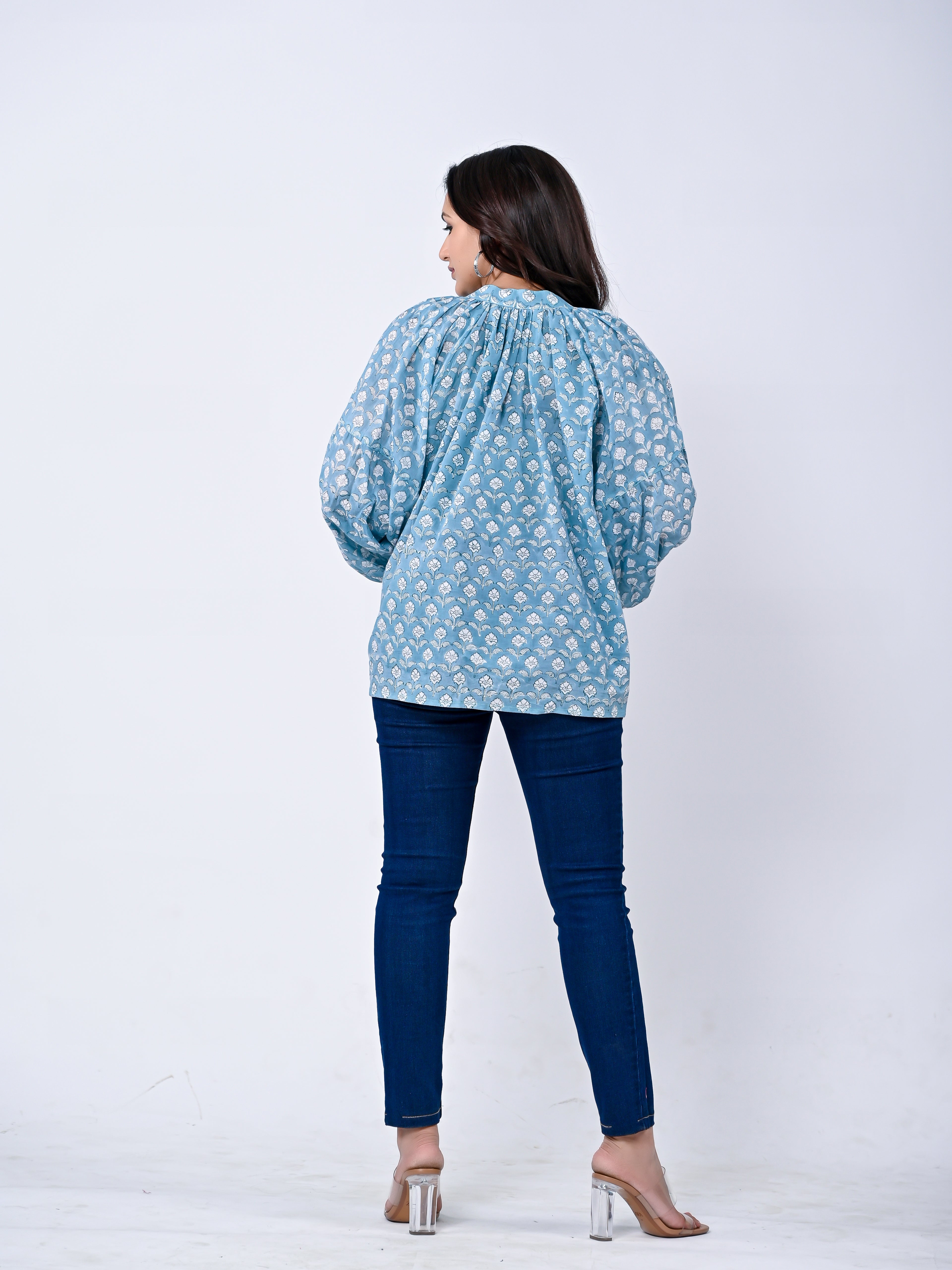Blue Floral Printed Cotton Balloon Sleeve Top