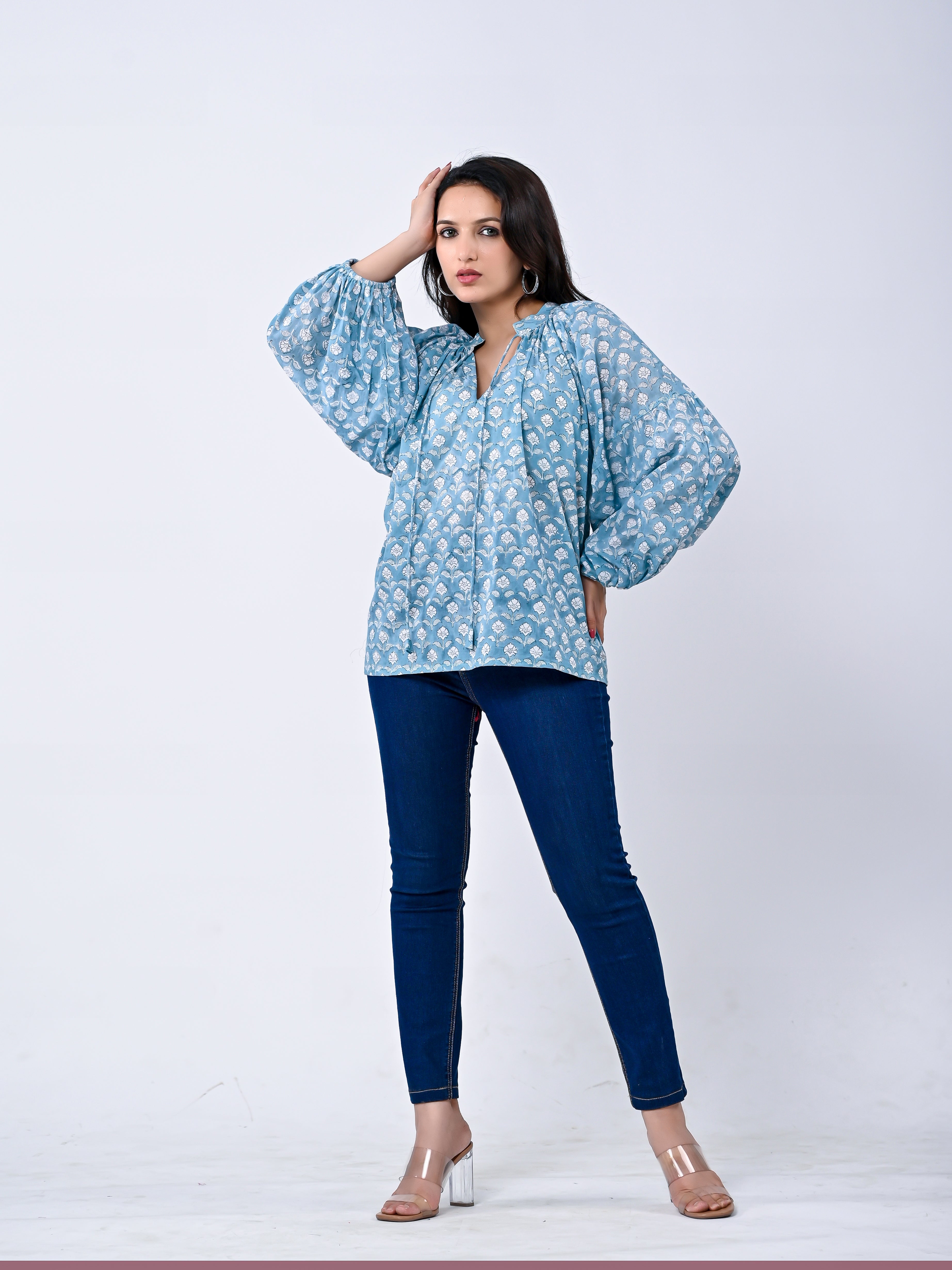 Blue Floral Printed Cotton Balloon Sleeve Top