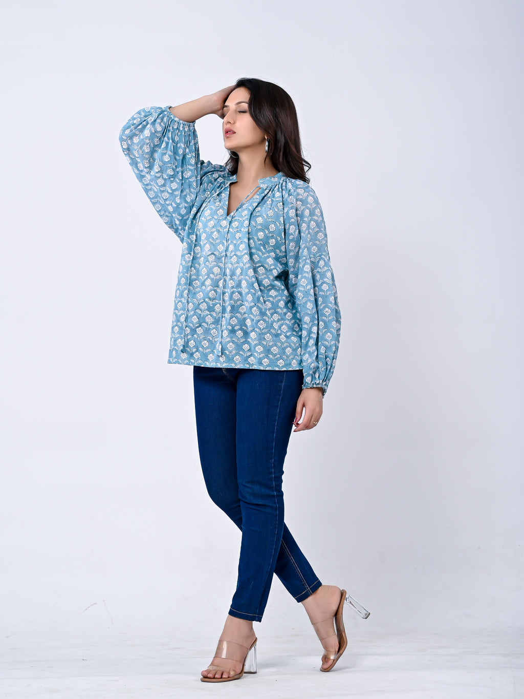 Blue Floral Printed Cotton Balloon Sleeve Top