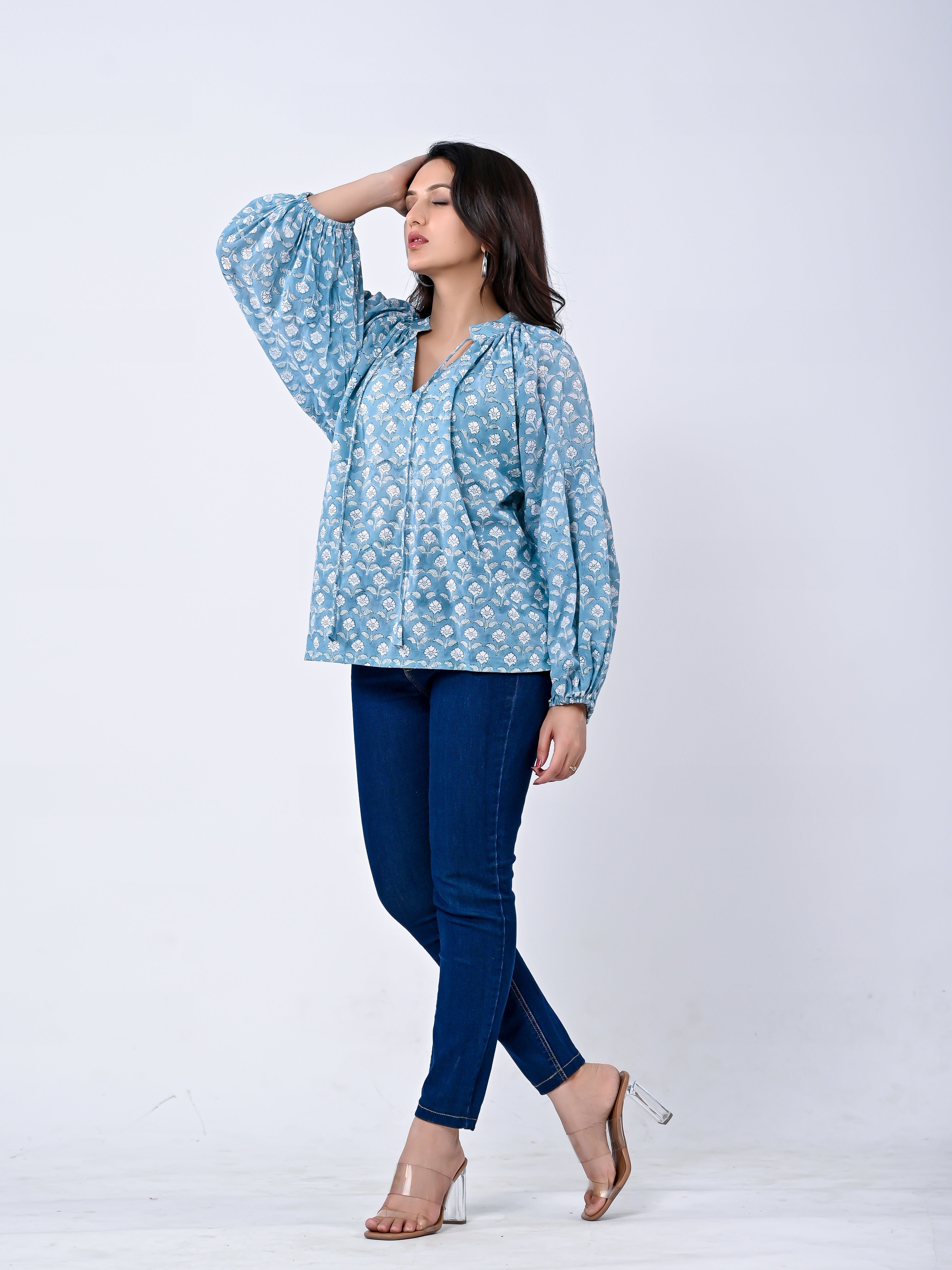 Blue Floral Printed Cotton Balloon Sleeve Top