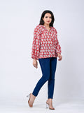 Red Floral Printed Cotton Ballon Sleeve Top