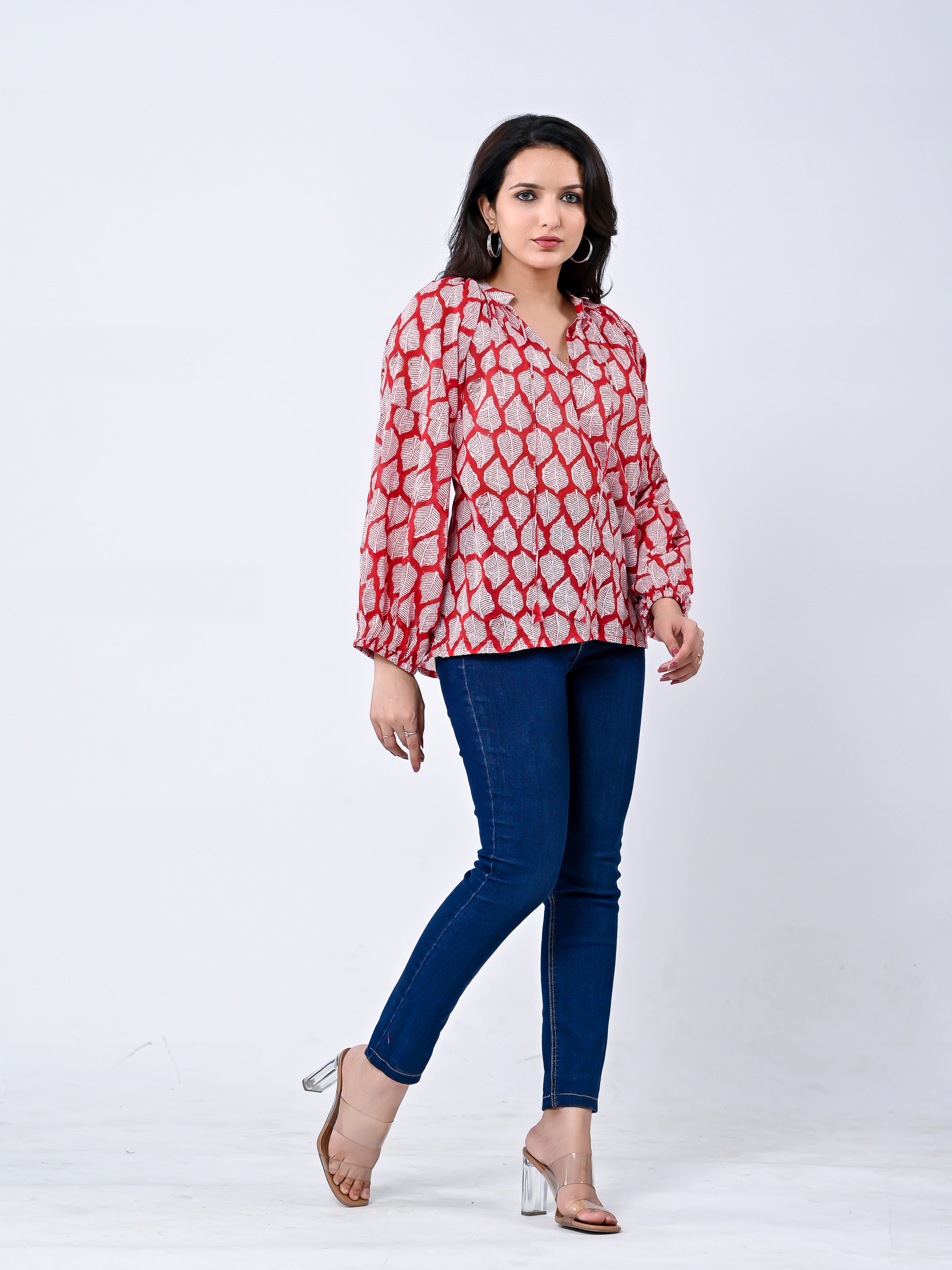 Red Floral Printed Cotton Ballon Sleeve Top