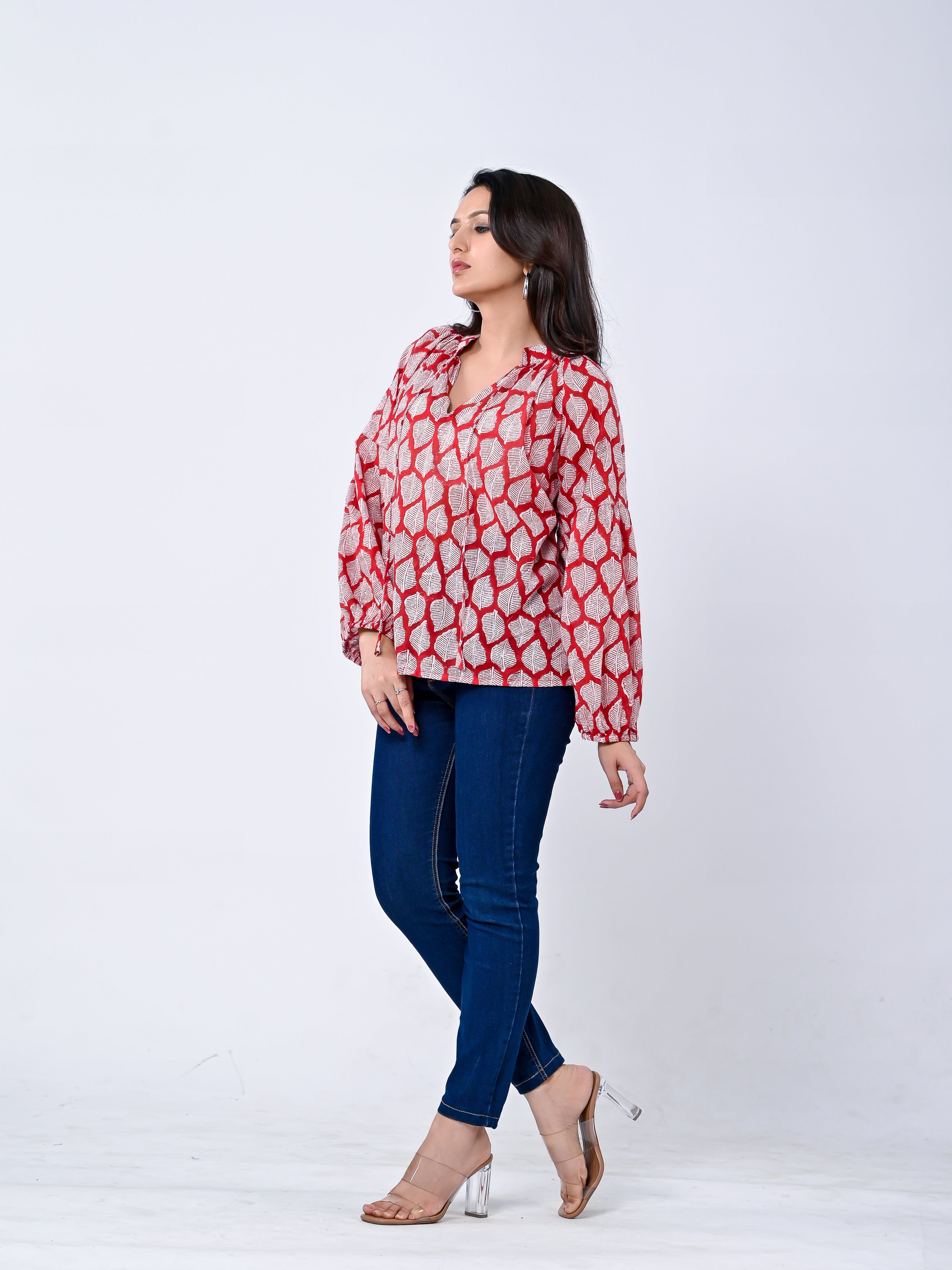 Red Floral Printed Cotton Ballon Sleeve Top