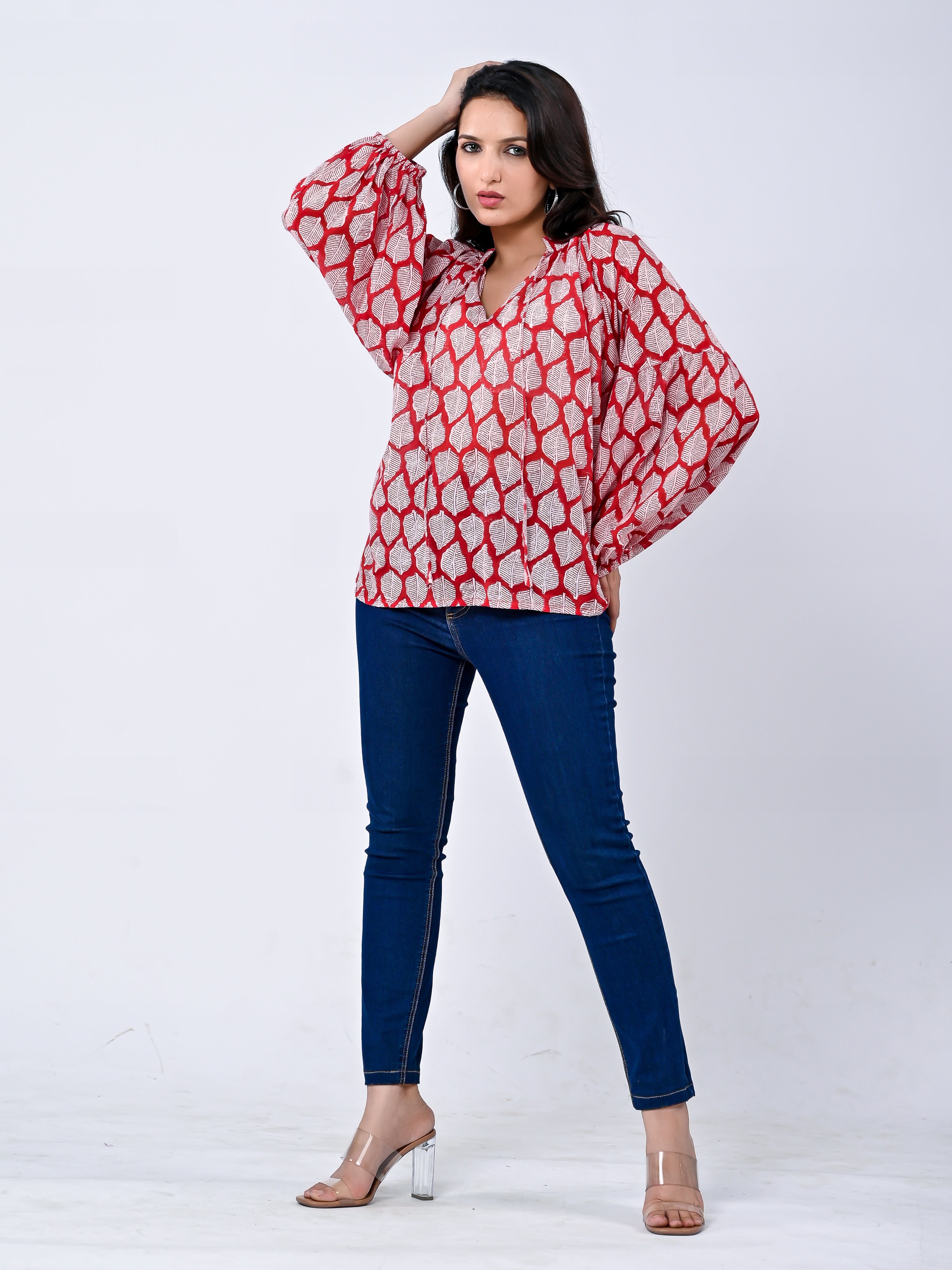 Red Floral Printed Cotton Ballon Sleeve Top