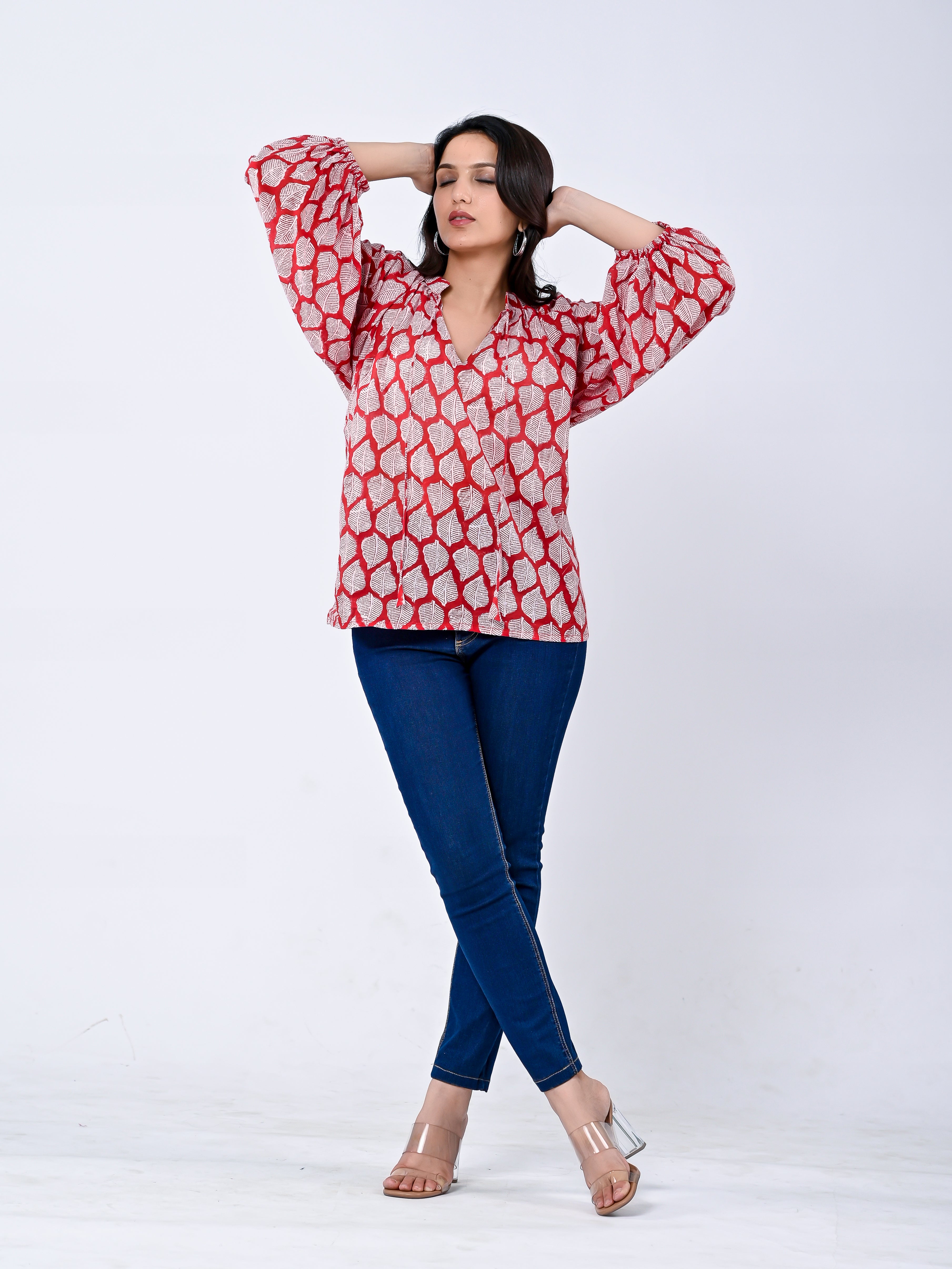 Red Floral Printed Cotton Ballon Sleeve Top
