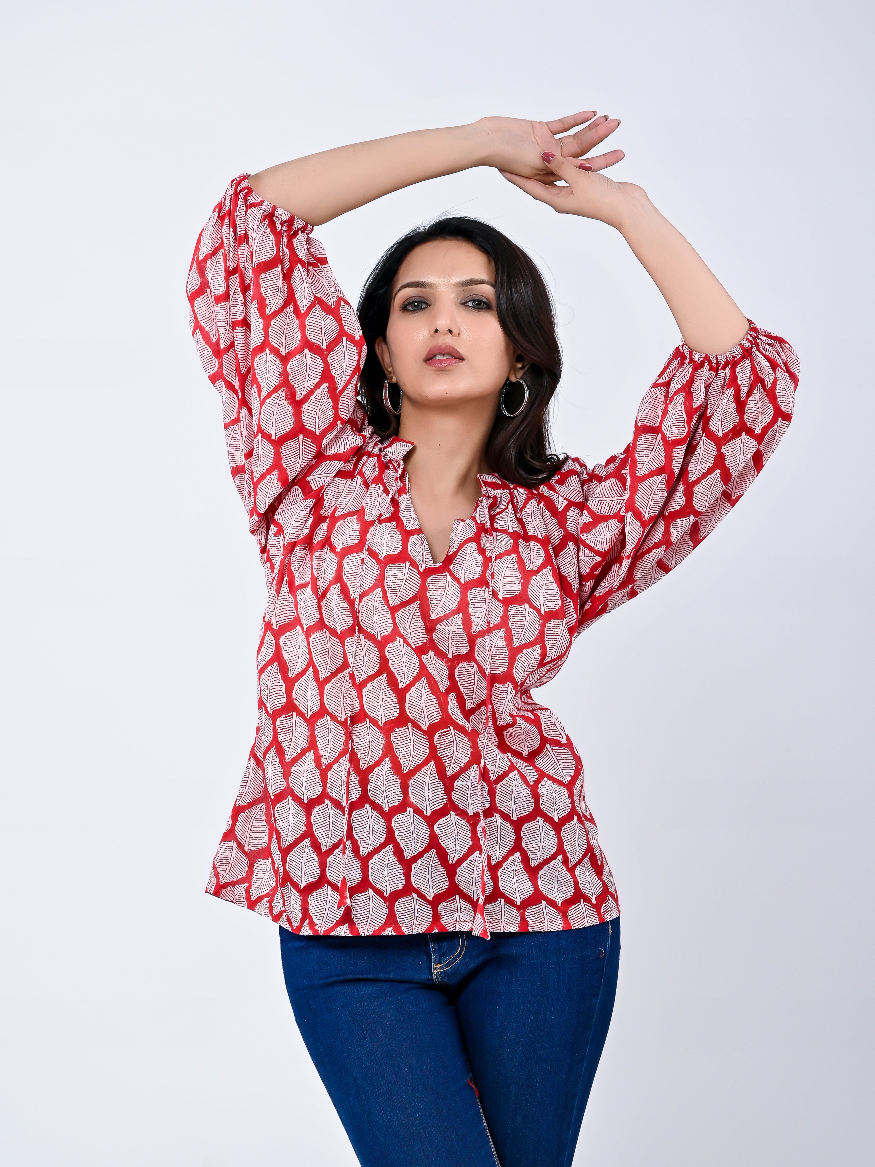 Red Floral Printed Cotton Ballon Sleeve Top
