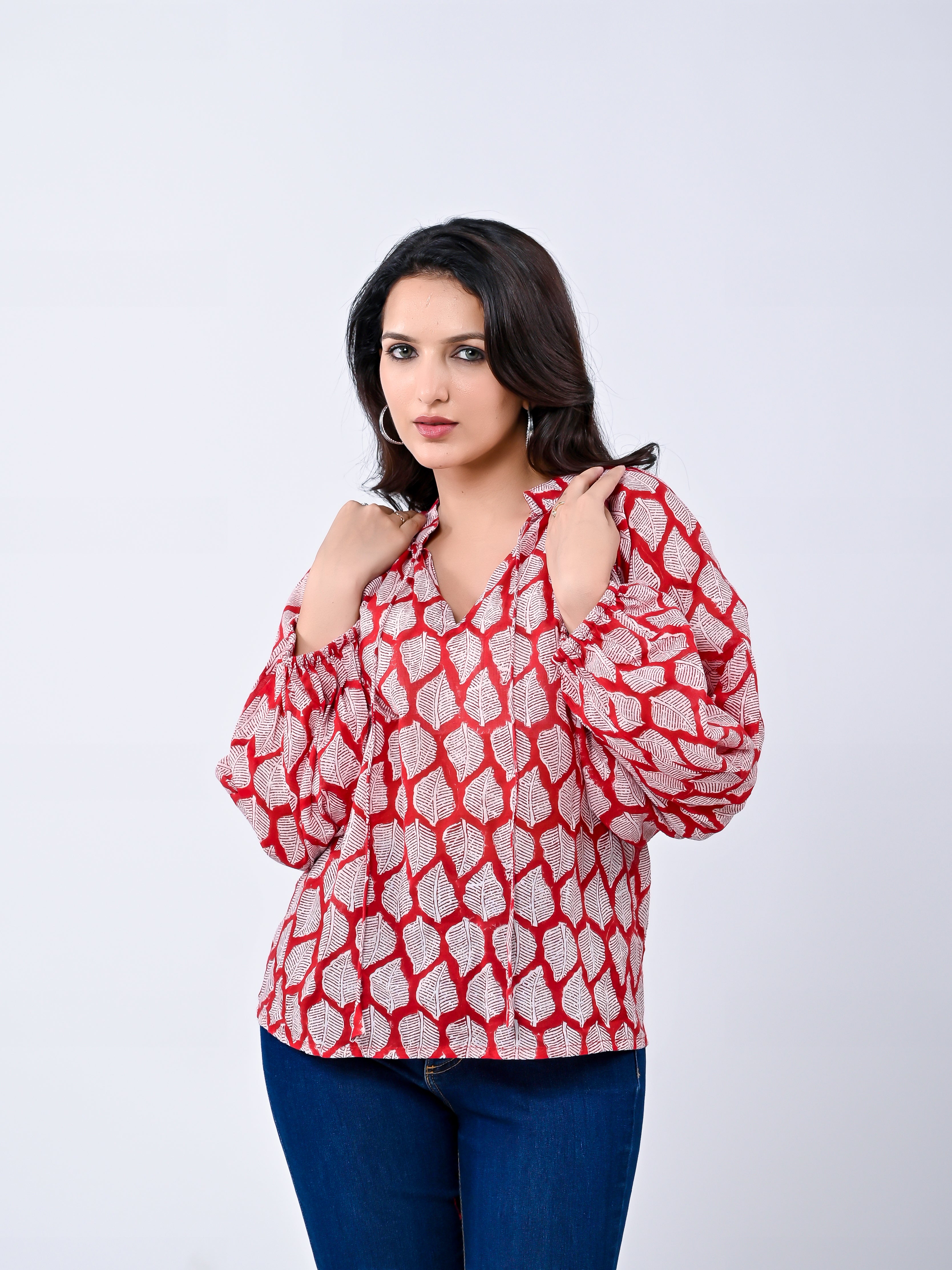 Red Floral Printed Cotton Ballon Sleeve Top