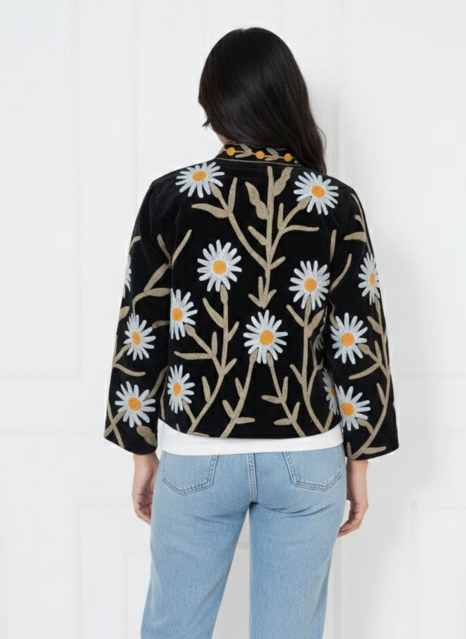 Black Daisy Suzani Embroidered Velvet Jacket