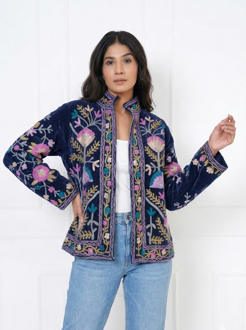 Blue Floral Suzani Embroidered Velvet Jacket